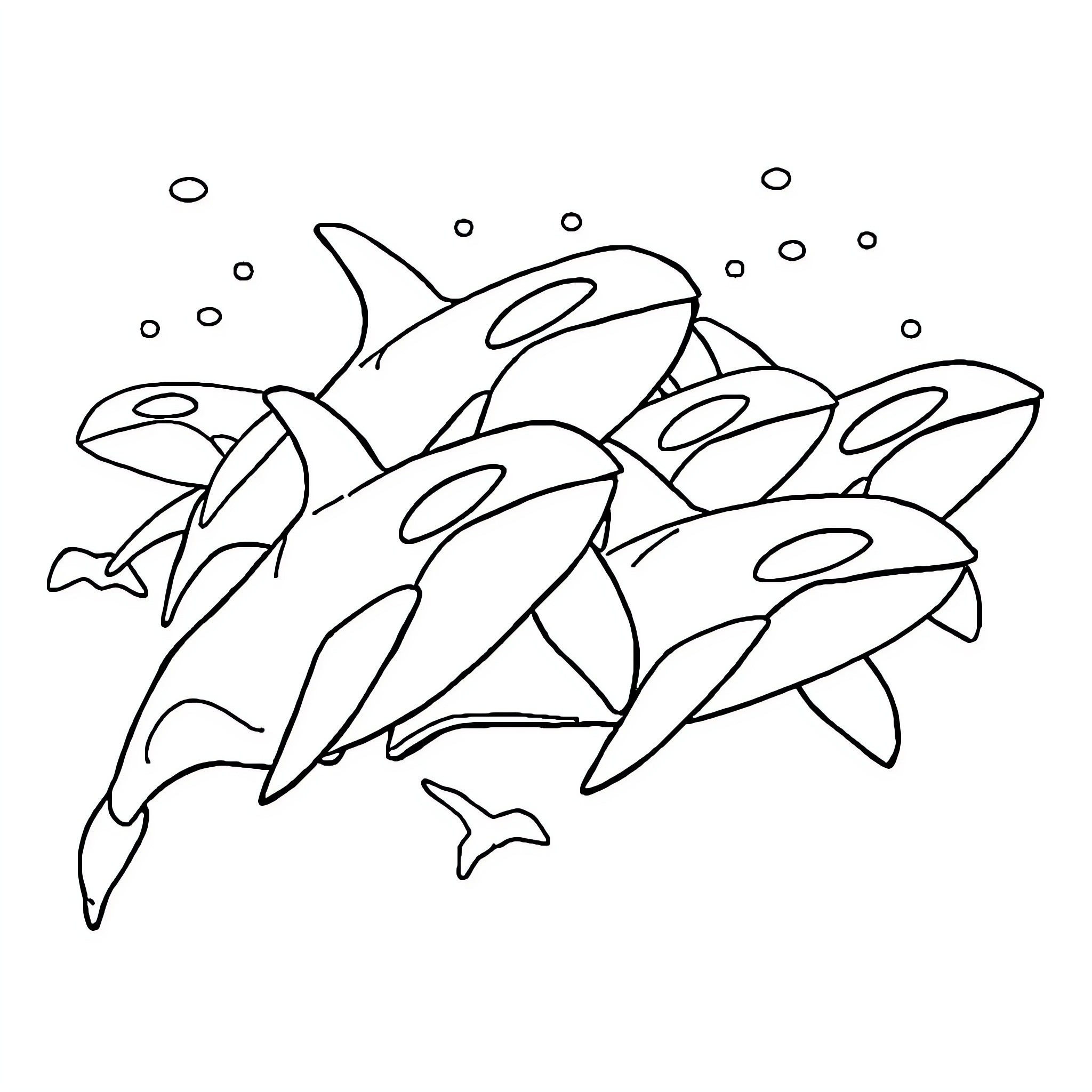 Orca pod swimming gracefully in the ocean Coloring Page (free black-and-white line drawing printable PDF for all, from beginners to advanced learners, including children, teens, adults, and seniors)