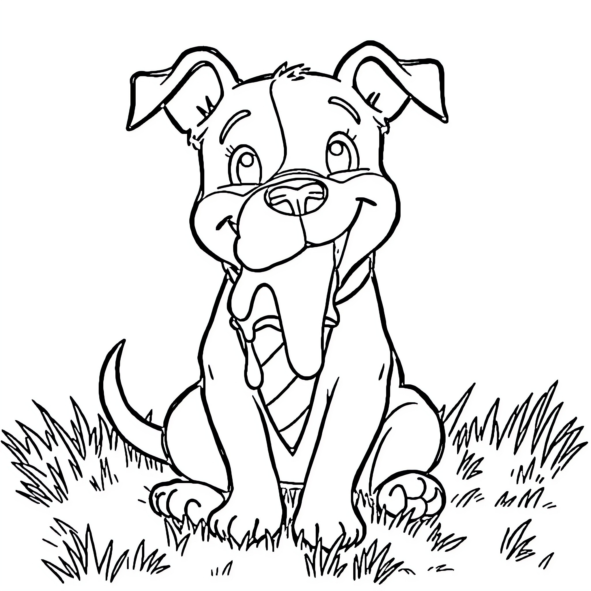Dog happily sitting in the grass Coloring Page (free black-and-white line drawing printable PDF for all, from beginners to advanced learners, including children, teens, adults, and seniors)