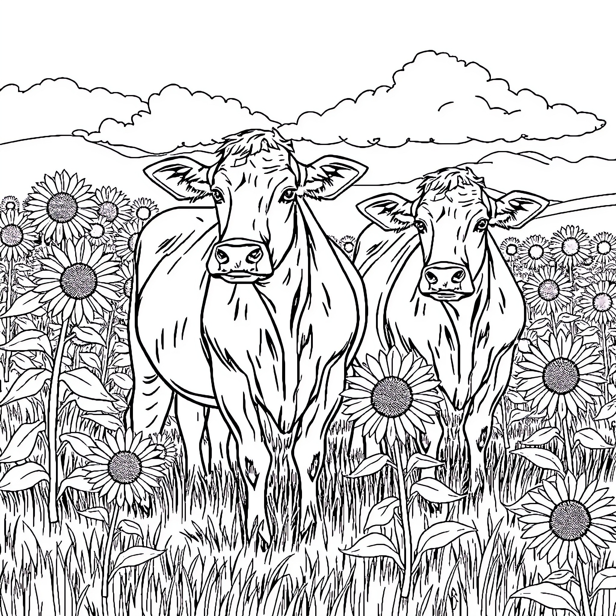 Cows standing amidst sunflowers in a pastoral scene Coloring Page (free black-and-white line drawing printable PDF for all, from beginners to advanced learners, including children, teens, adults, and seniors)