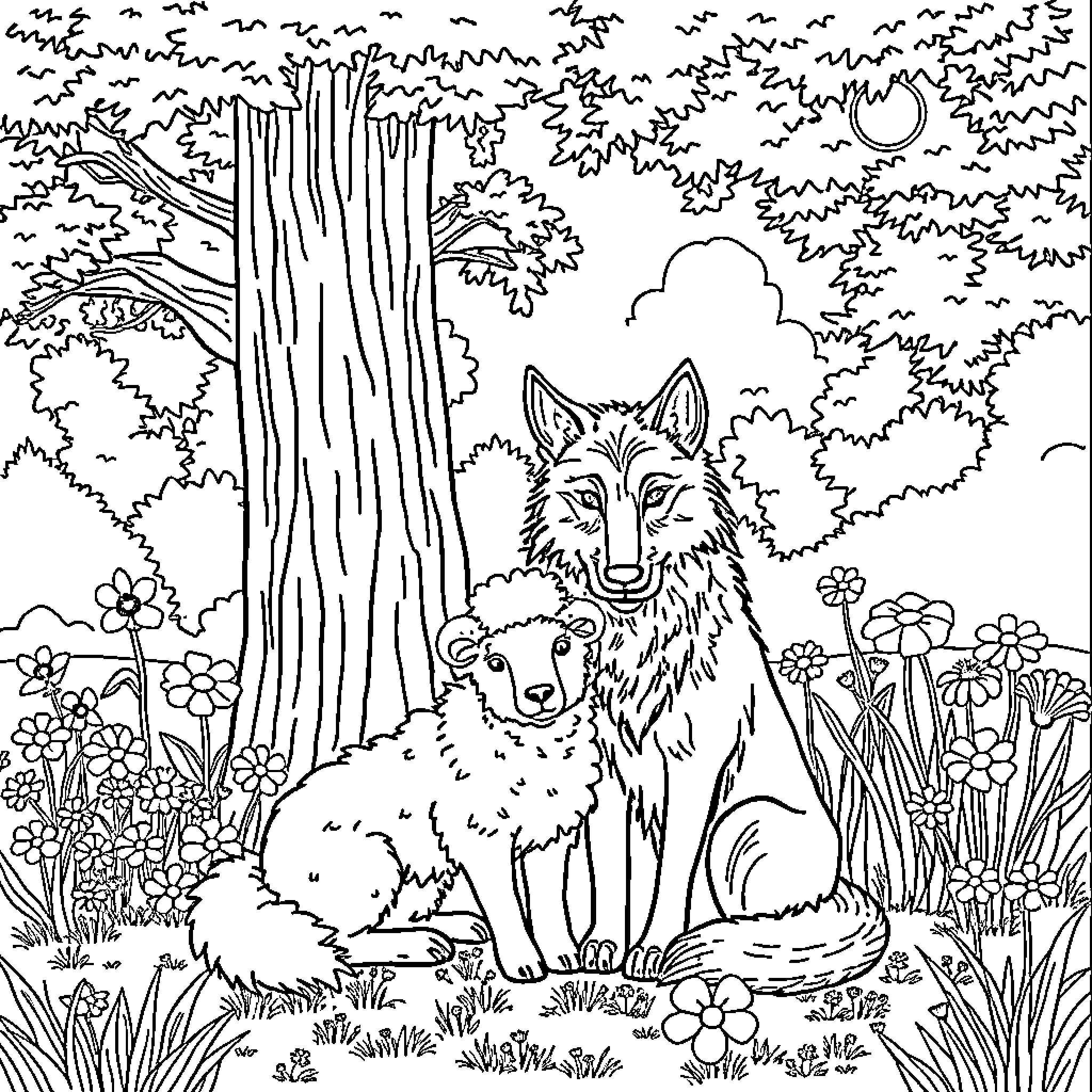 Wolf and Bear Exploring a Peaceful Forest Coloring Page (free black-and-white line drawing printable PDF for all, from beginners to advanced learners, including children, teens, adults, and seniors)
