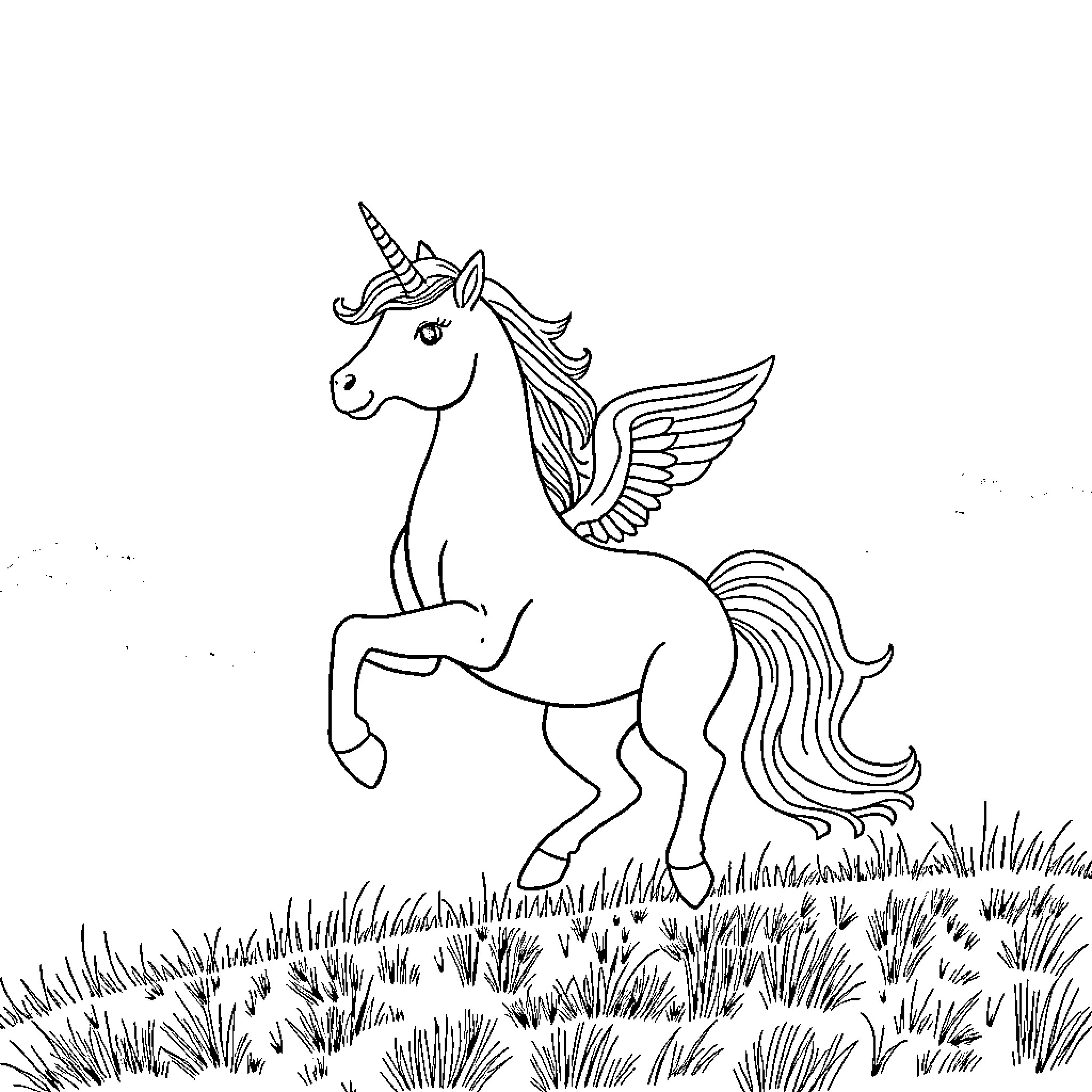 Unicorn with wings soaring through a grassy field Coloring Page (free black-and-white line drawing printable PDF for all, from beginners to advanced learners, including children, teens, adults, and seniors)