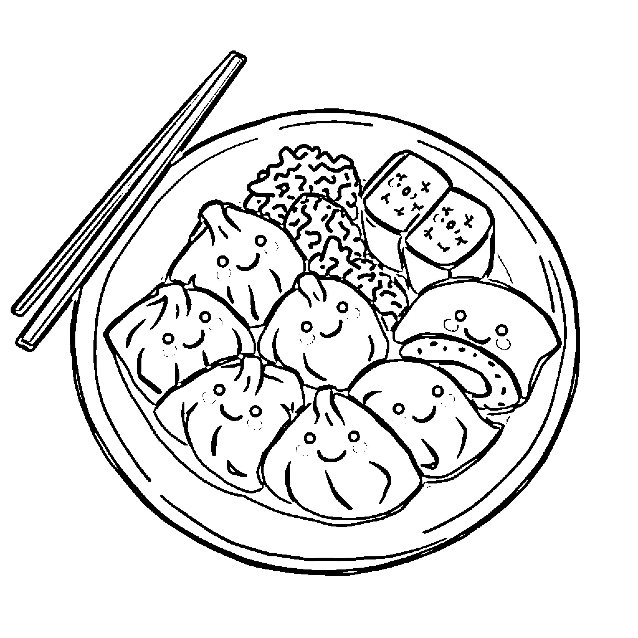 Dumpling dish with delightful dumplings Coloring Page (free black-and-white line drawing printable PDF for all, from beginners to advanced learners, including children, teens, adults, and seniors)