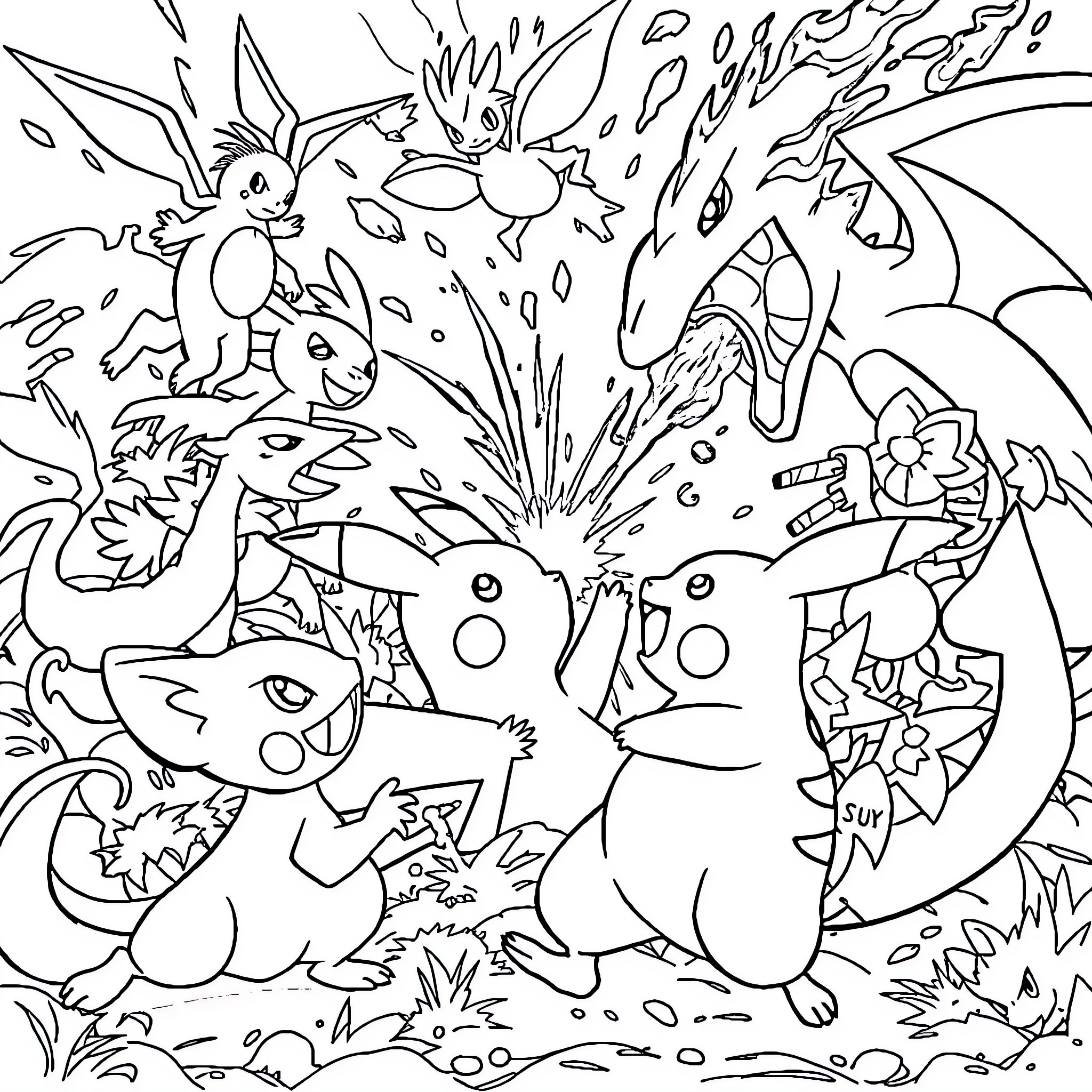 Pokémon Chaos: Battling Creatures in Action Coloring Page (free black-and-white line drawing printable PDF for all, from beginners to advanced learners, including children, teens, adults, and seniors)