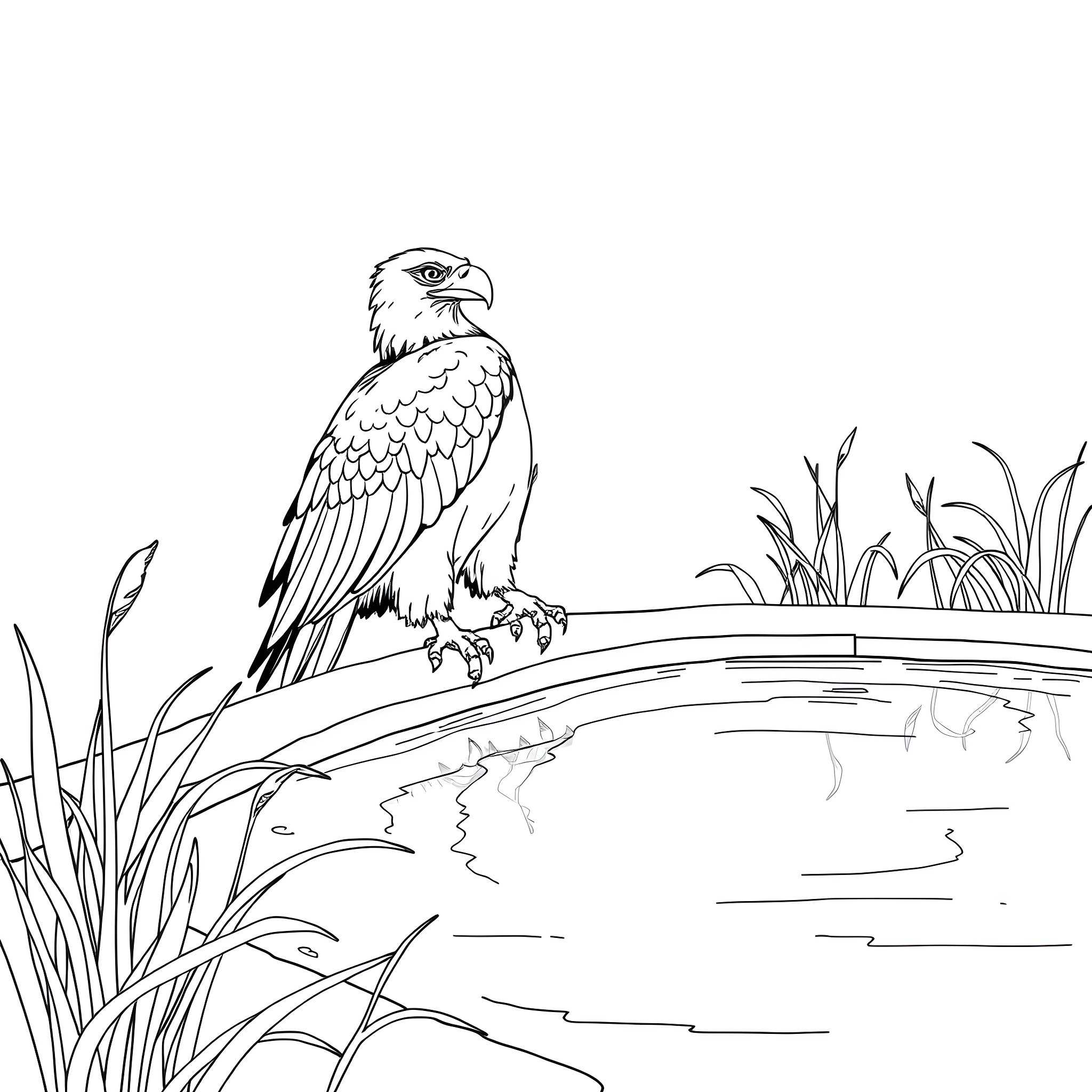 Eagle perched on the riverbank Coloring Page (free black-and-white line drawing printable PDF for all, from beginners to advanced learners, including children, teens, adults, and seniors)
