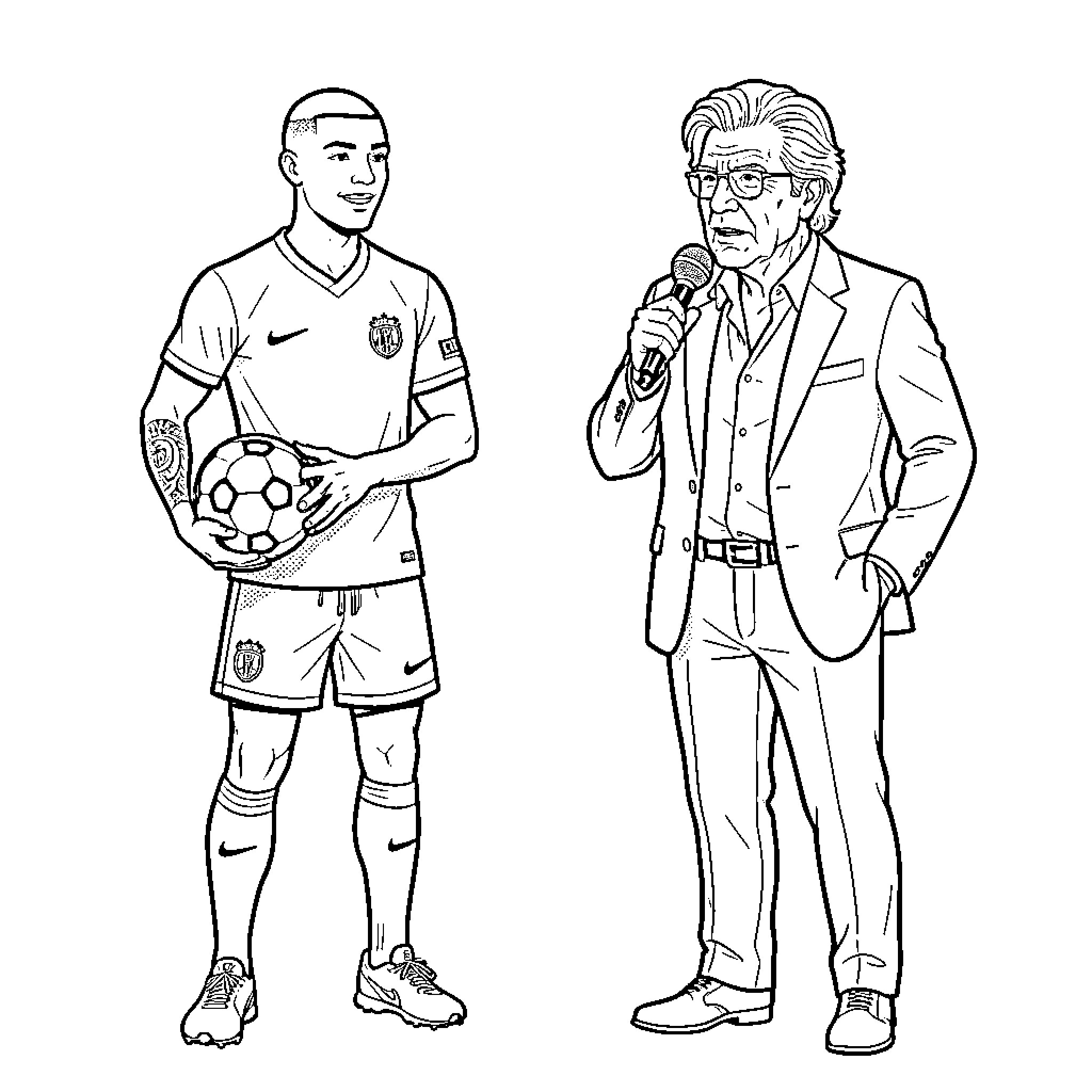 Mbappe holding a soccer ball while being interviewed Coloring Page (free black-and-white line drawing printable PDF for all, from beginners to advanced learners, including children, teens, adults, and seniors)