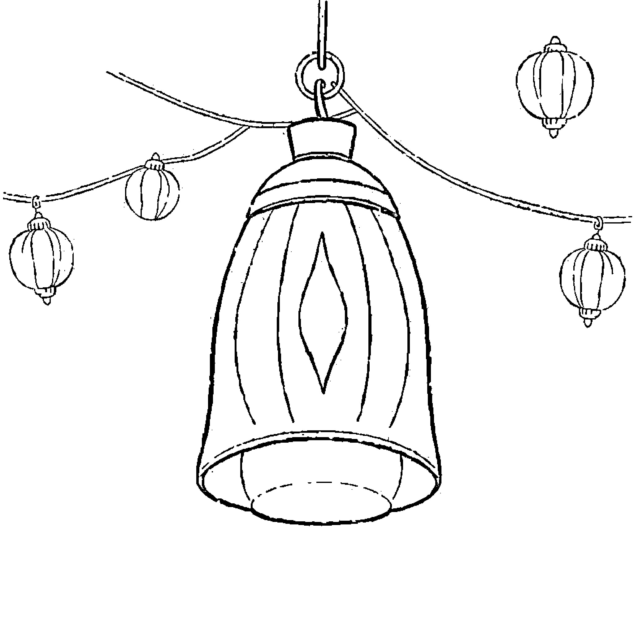 Bell-shaped Lanterns Hanging in the Air Coloring Page (free black-and-white line drawing printable PDF for all, from beginners to advanced learners, including children, teens, adults, and seniors)