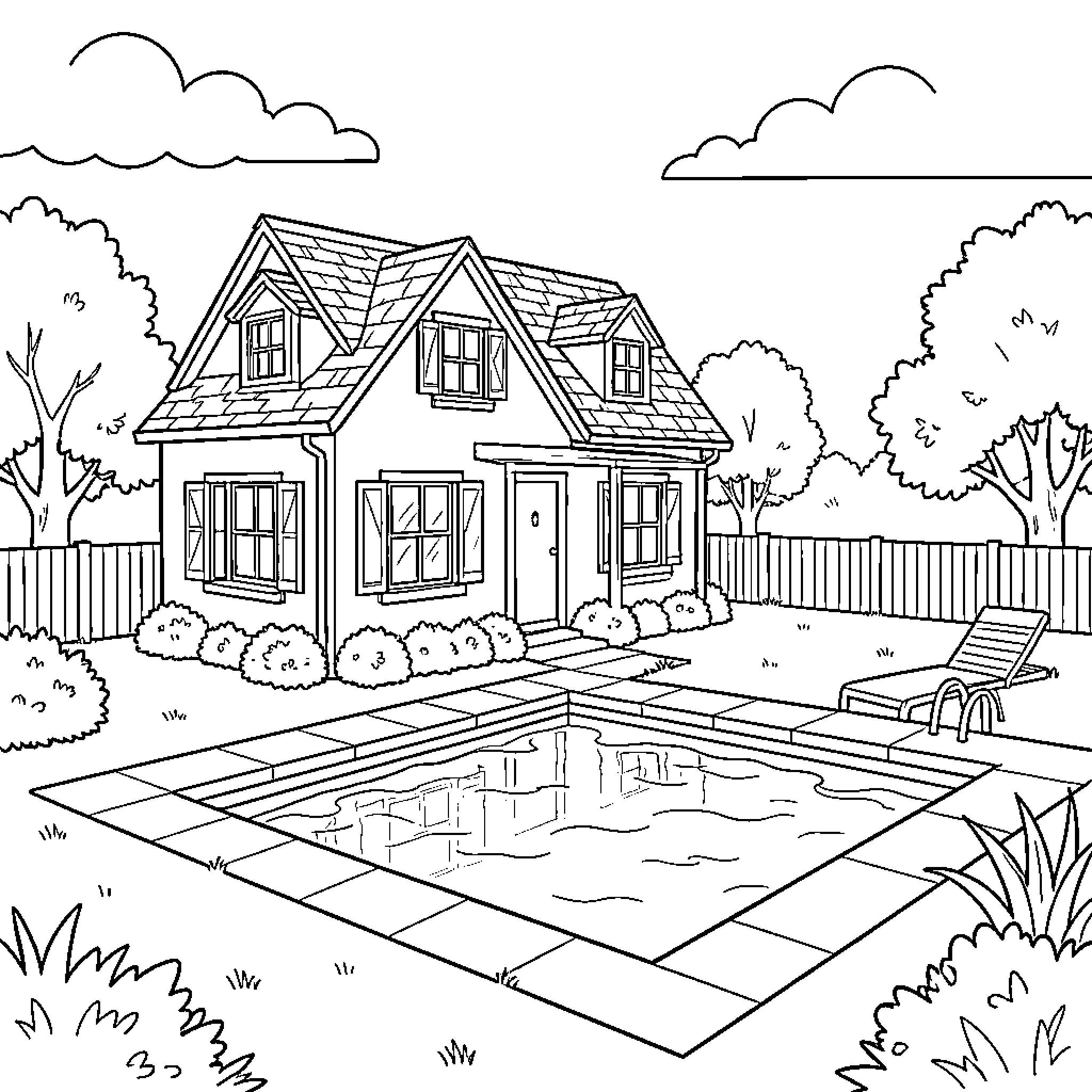 House with a backyard swimming pool and lounge chair Coloring Page (free black-and-white line drawing printable PDF for all, from beginners to advanced learners, including children, teens, adults, and seniors)