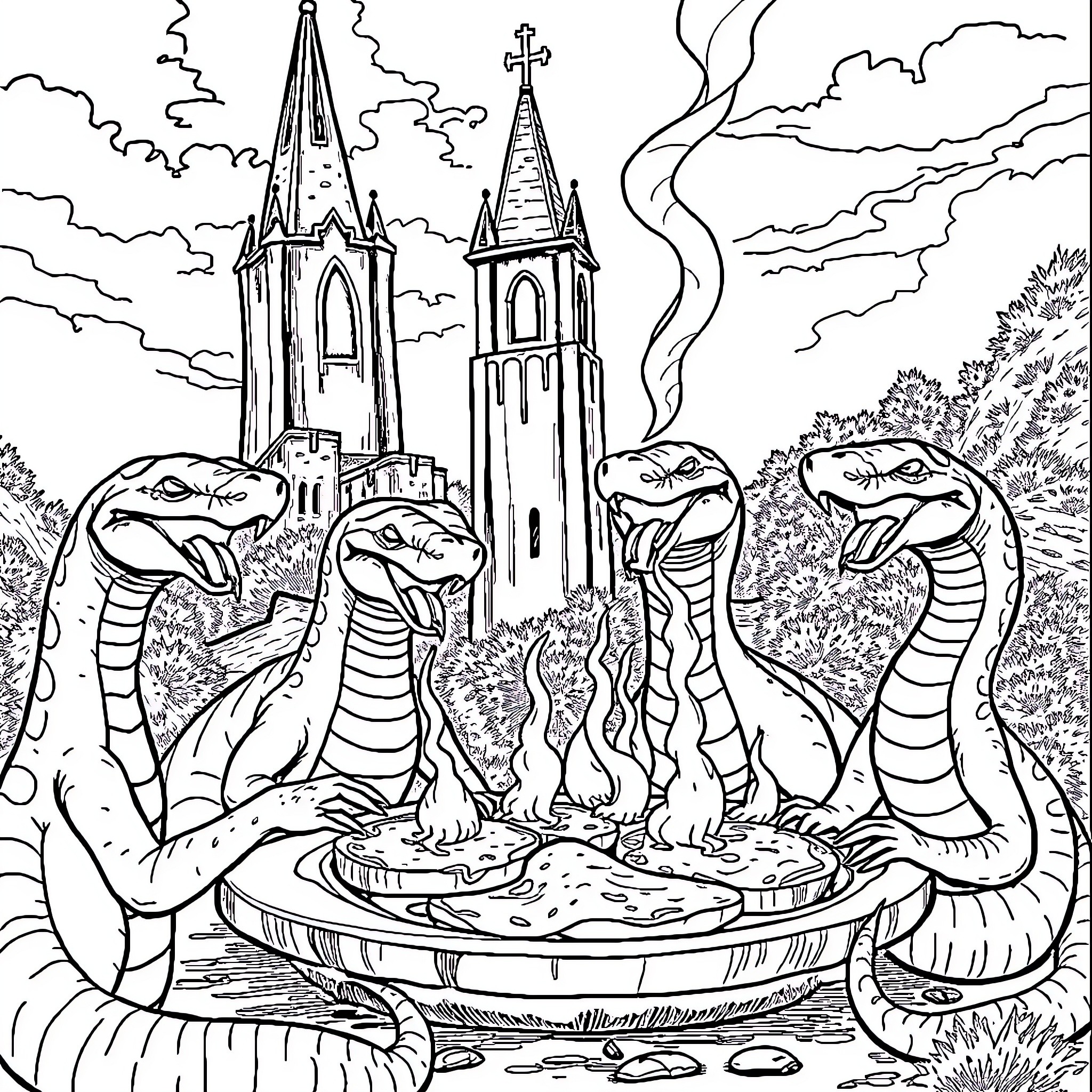 Snake Coils Surrounding Mystical Castle Coloring Page (free black-and-white line drawing printable PDF for all, from beginners to advanced learners, including children, teens, adults, and seniors)