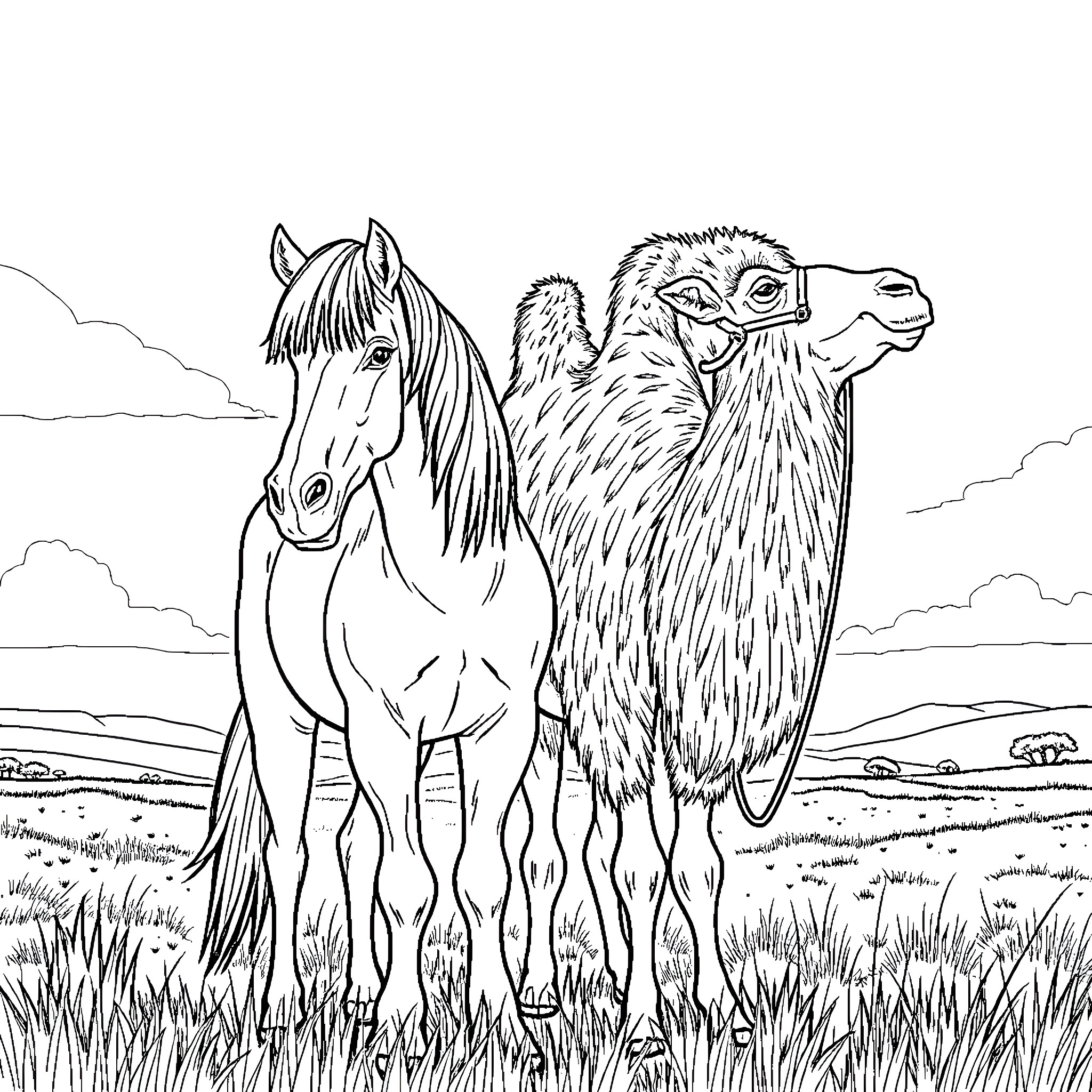 Horse standing next to a camel in the grasslands Coloring Page (free black-and-white line drawing printable PDF for all, from beginners to advanced learners, including children, teens, adults, and seniors)