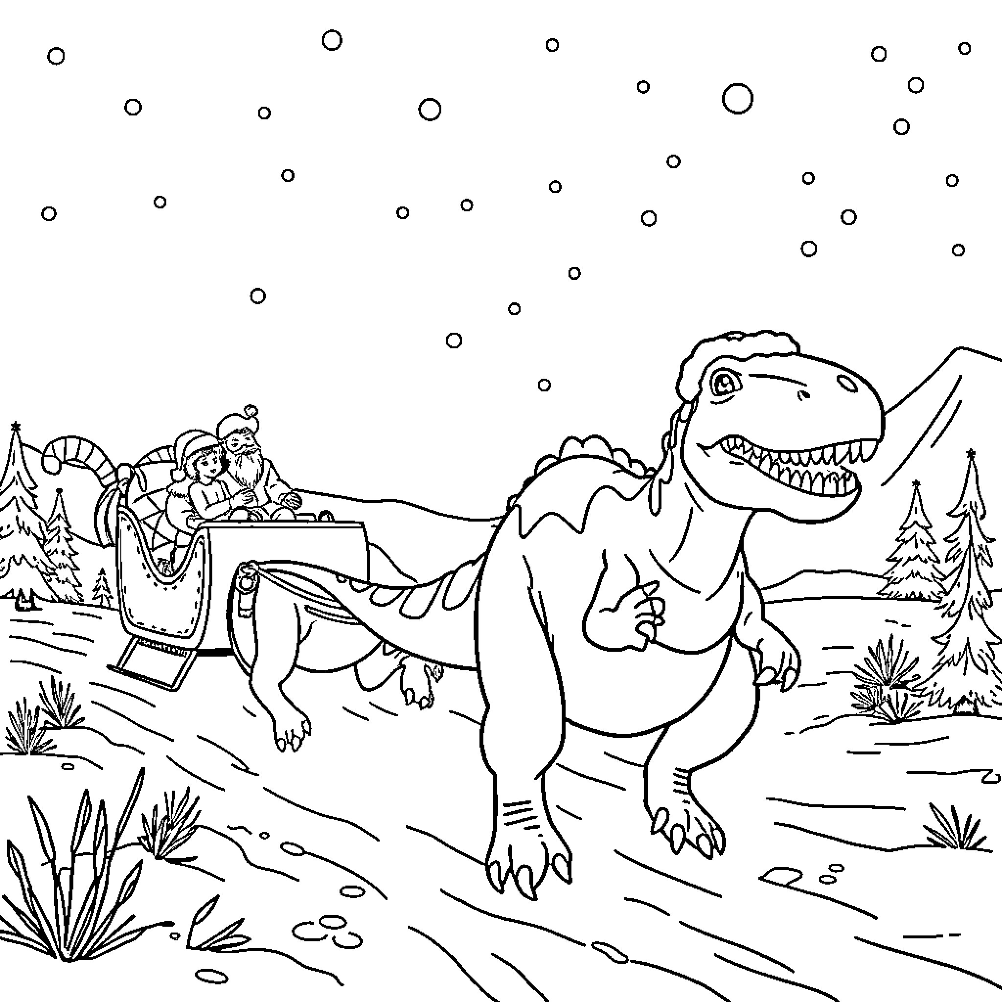 Sleigh ride with a friendly dinosaur Coloring Page (free black-and-white line drawing printable PDF for all, from beginners to advanced learners, including children, teens, adults, and seniors)