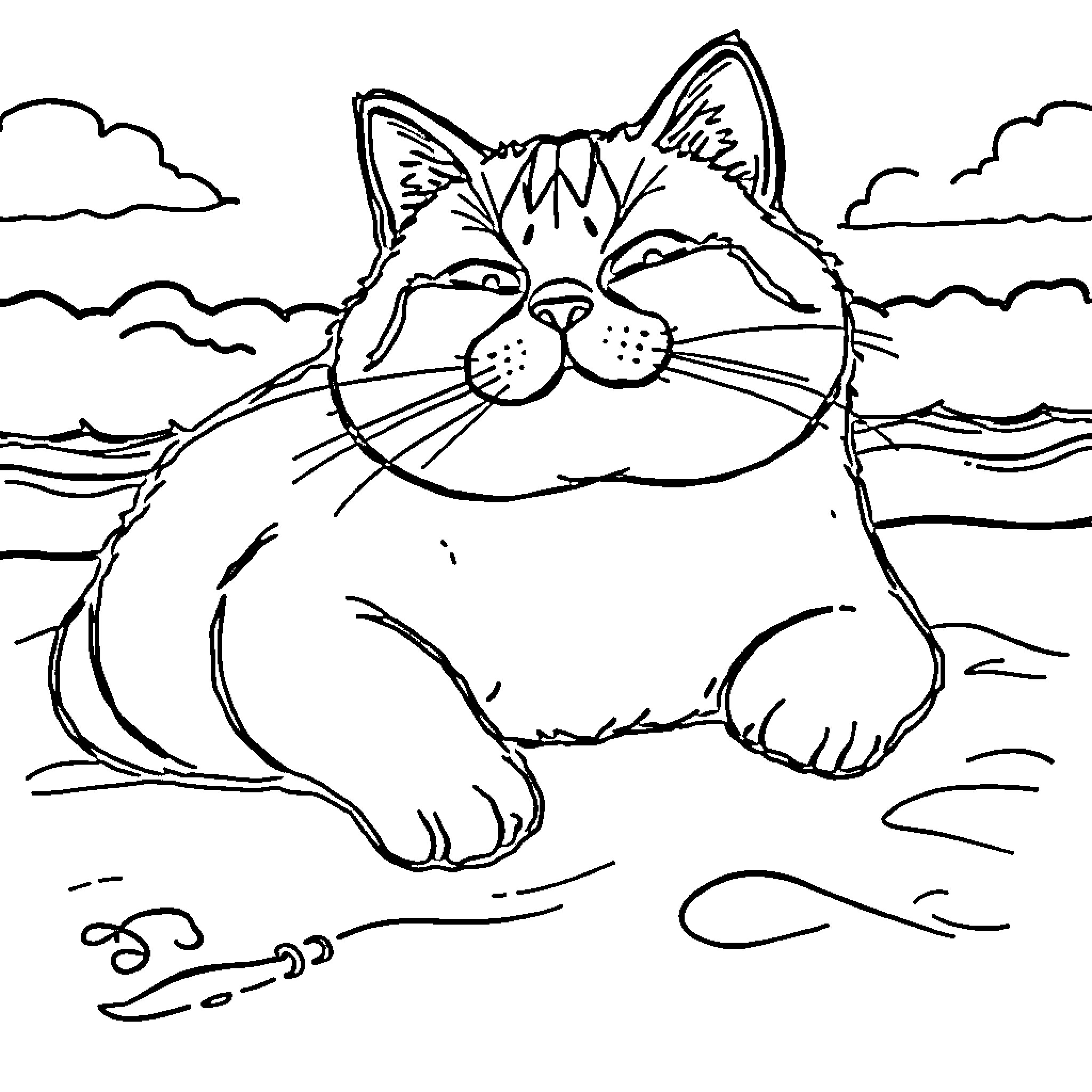 Cat relaxing outdoors in nature Coloring Page (free black-and-white line drawing printable PDF for all, from beginners to advanced learners, including children, teens, adults, and seniors)
