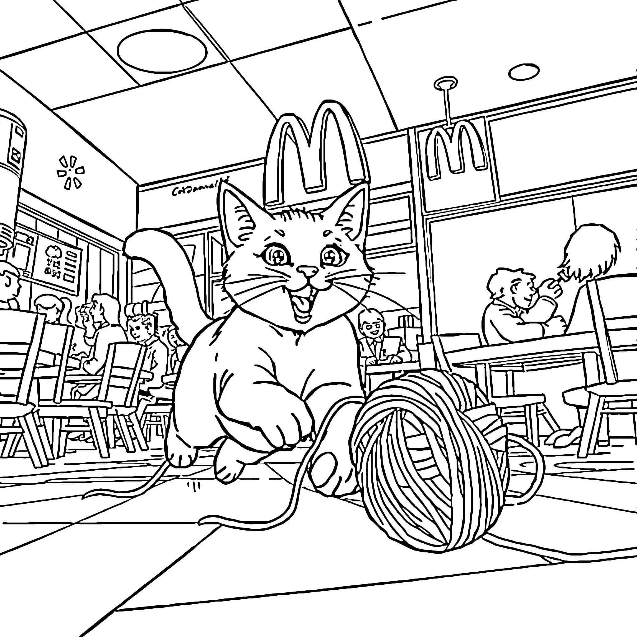 Cat playing with yarn in a fast food restaurant Coloring Page (free black-and-white line drawing printable PDF for all, from beginners to advanced learners, including children, teens, adults, and seniors)