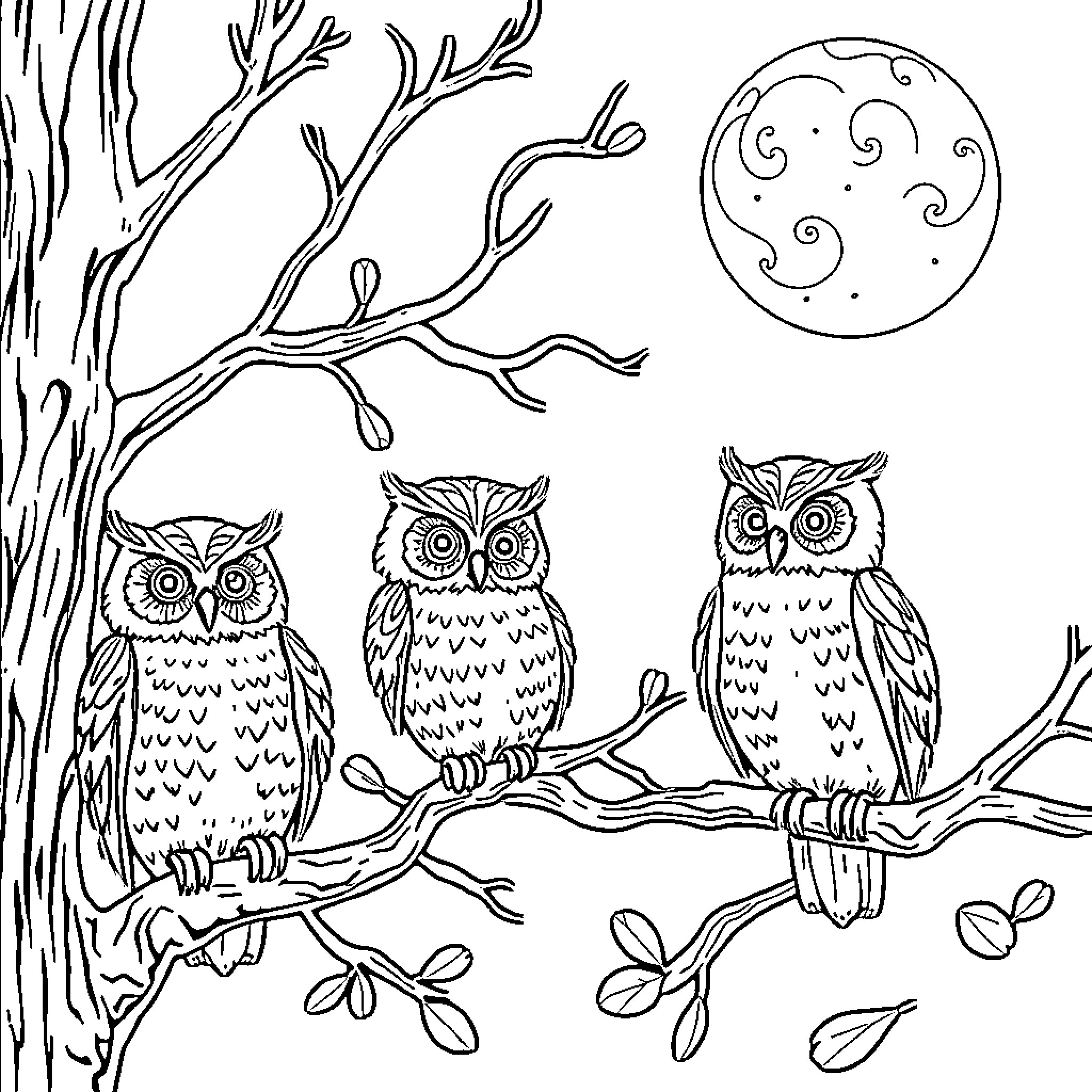 Owl family gazing at the moon Coloring Page (free black-and-white line drawing printable PDF for all, from beginners to advanced learners, including children, teens, adults, and seniors)