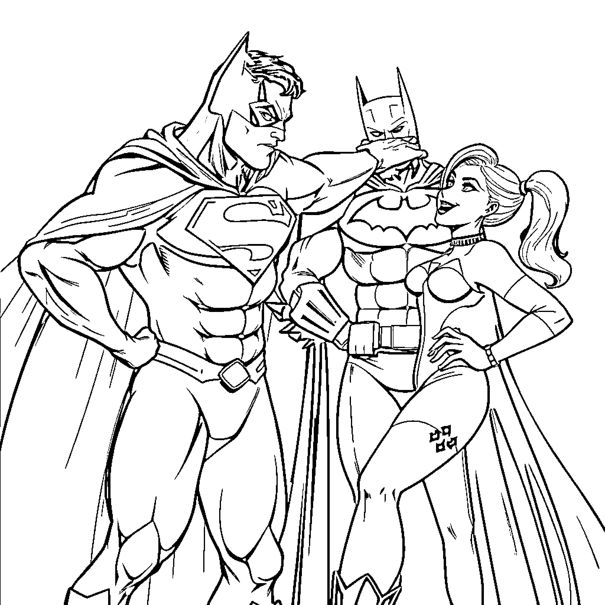 Superman and Batman heroically saving the day Coloring Page (free black-and-white line drawing printable PDF for all, from beginners to advanced learners, including children, teens, adults, and seniors)