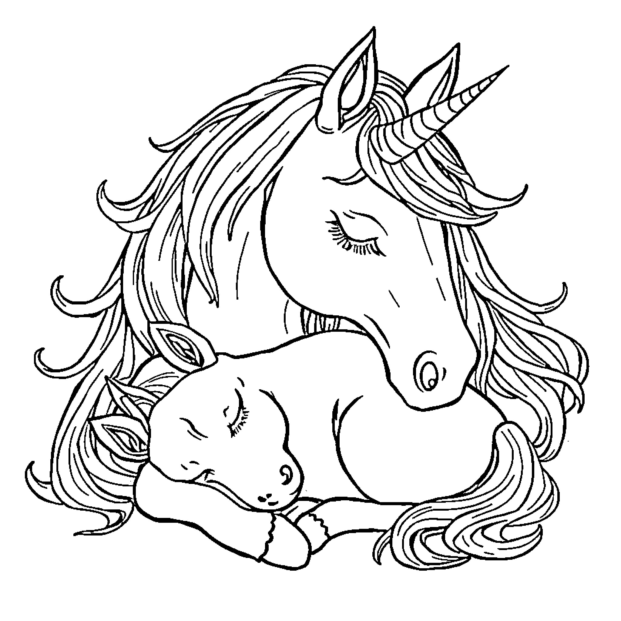 Rumi's Dreamy Unicorn Companion Coloring Page (free black-and-white line drawing printable PDF for all, from beginners to advanced learners, including children, teens, adults, and seniors)