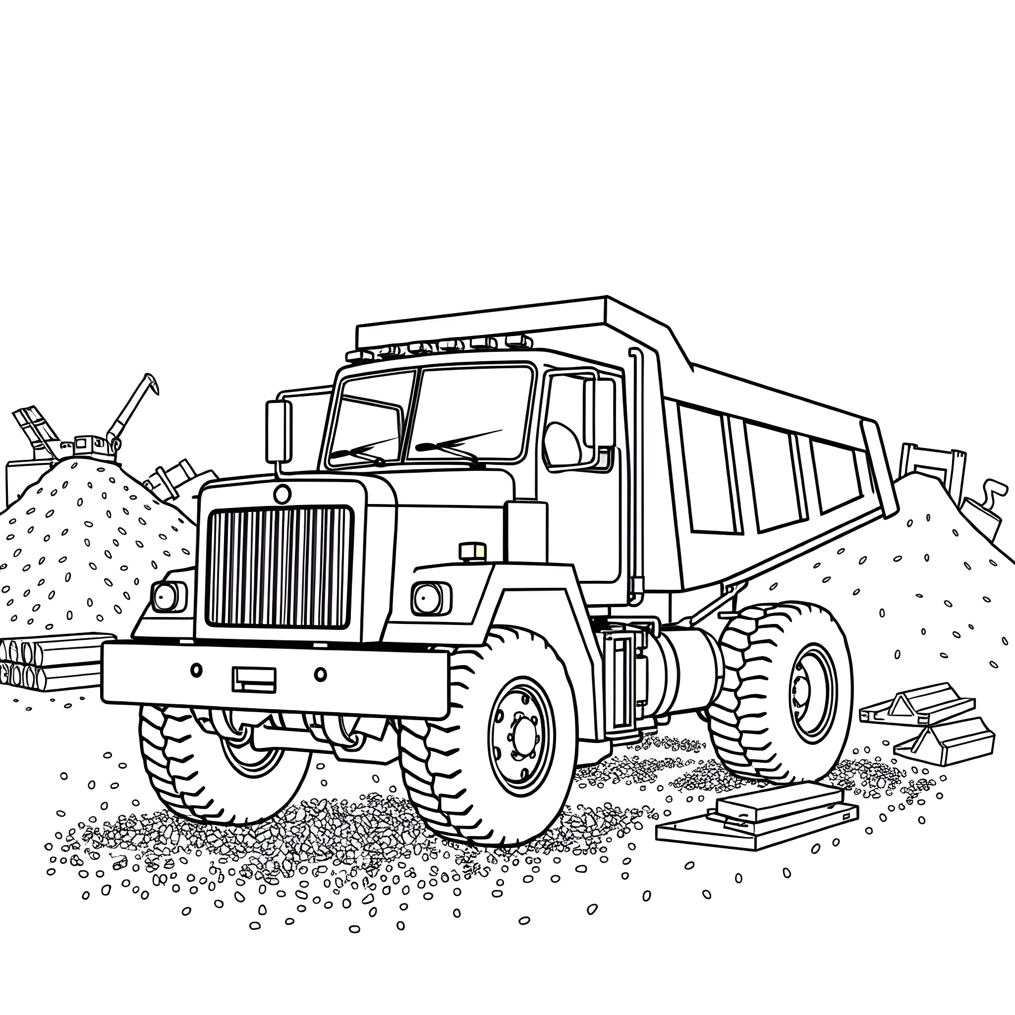 Dump Truck Carrying Materials on a Construction Site Coloring Page (free black-and-white line drawing printable PDF for all, from beginners to advanced learners, including children, teens, adults, and seniors)