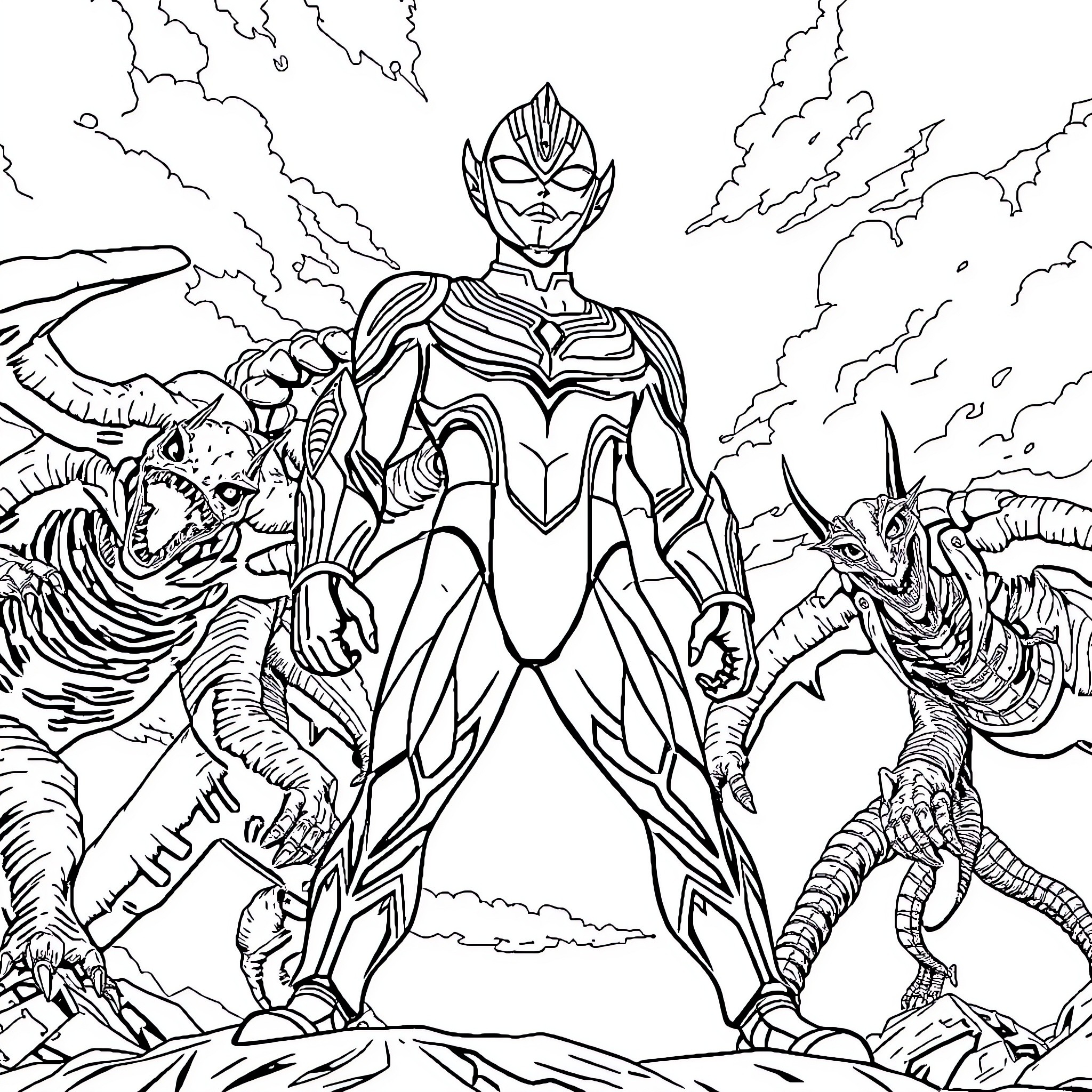 Ultraman battles ferocious monsters in an epic showdown Coloring Page (free black-and-white line drawing printable PDF for all, from beginners to advanced learners, including children, teens, adults, and seniors)