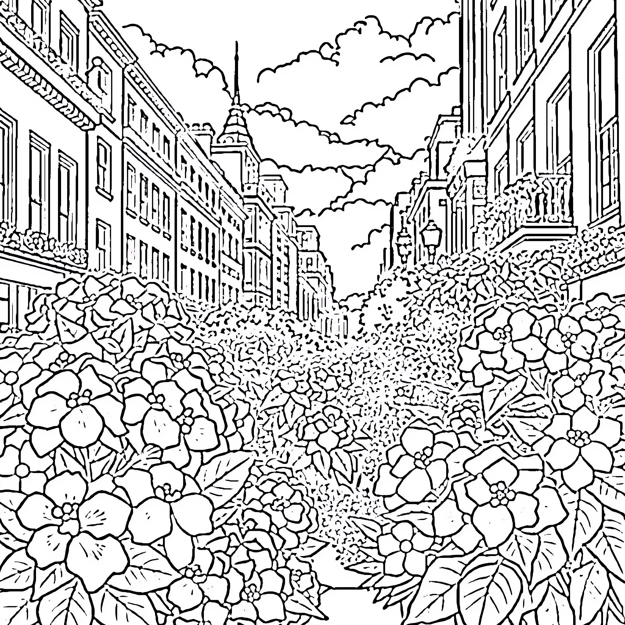 Hydrangea blooms adorn a bustling Parisian street Coloring Page (free black-and-white line drawing printable PDF for all, from beginners to advanced learners, including children, teens, adults, and seniors)