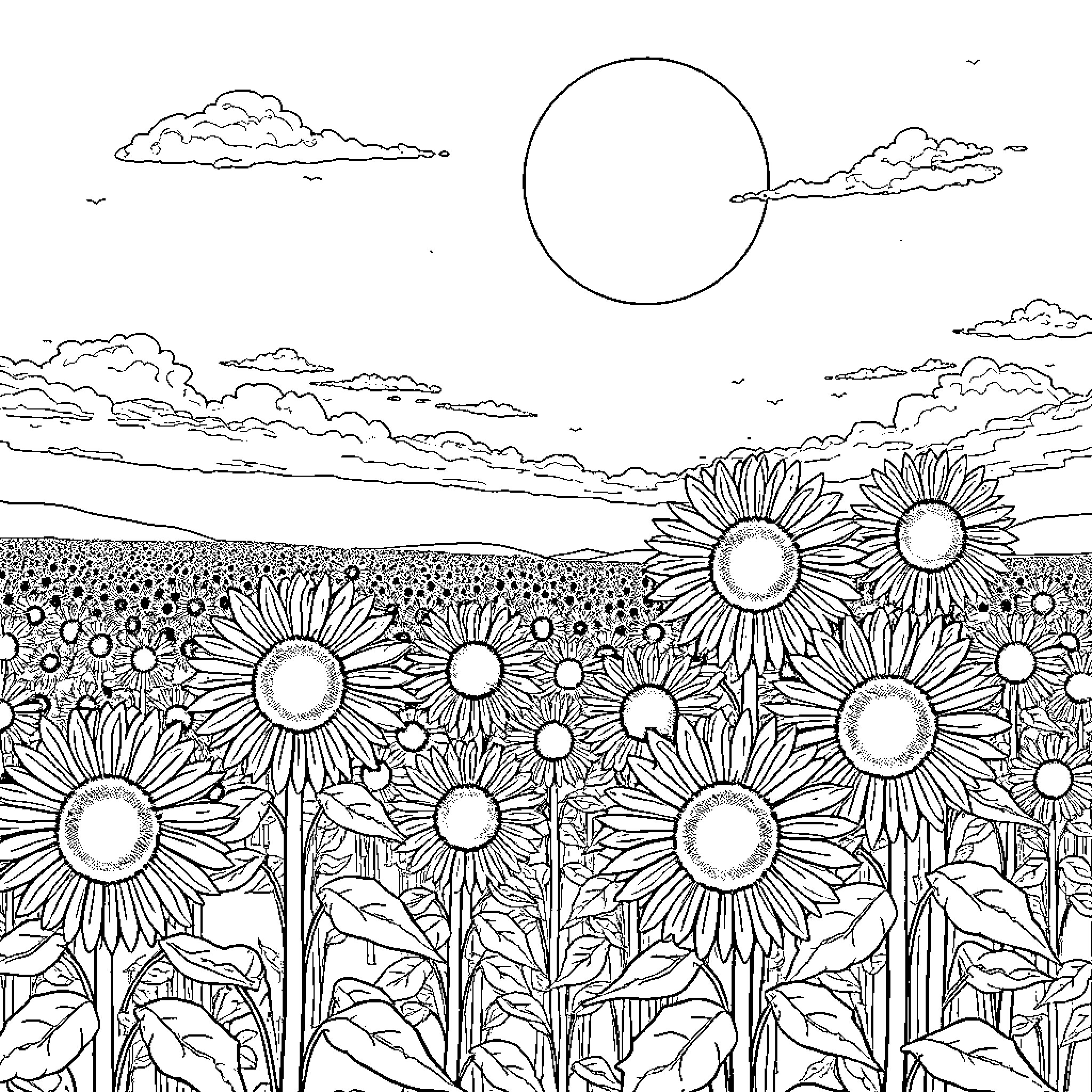 Moon over a Field of Sunflowers Coloring Page (free black-and-white line drawing printable PDF for all, from beginners to advanced learners, including children, teens, adults, and seniors)