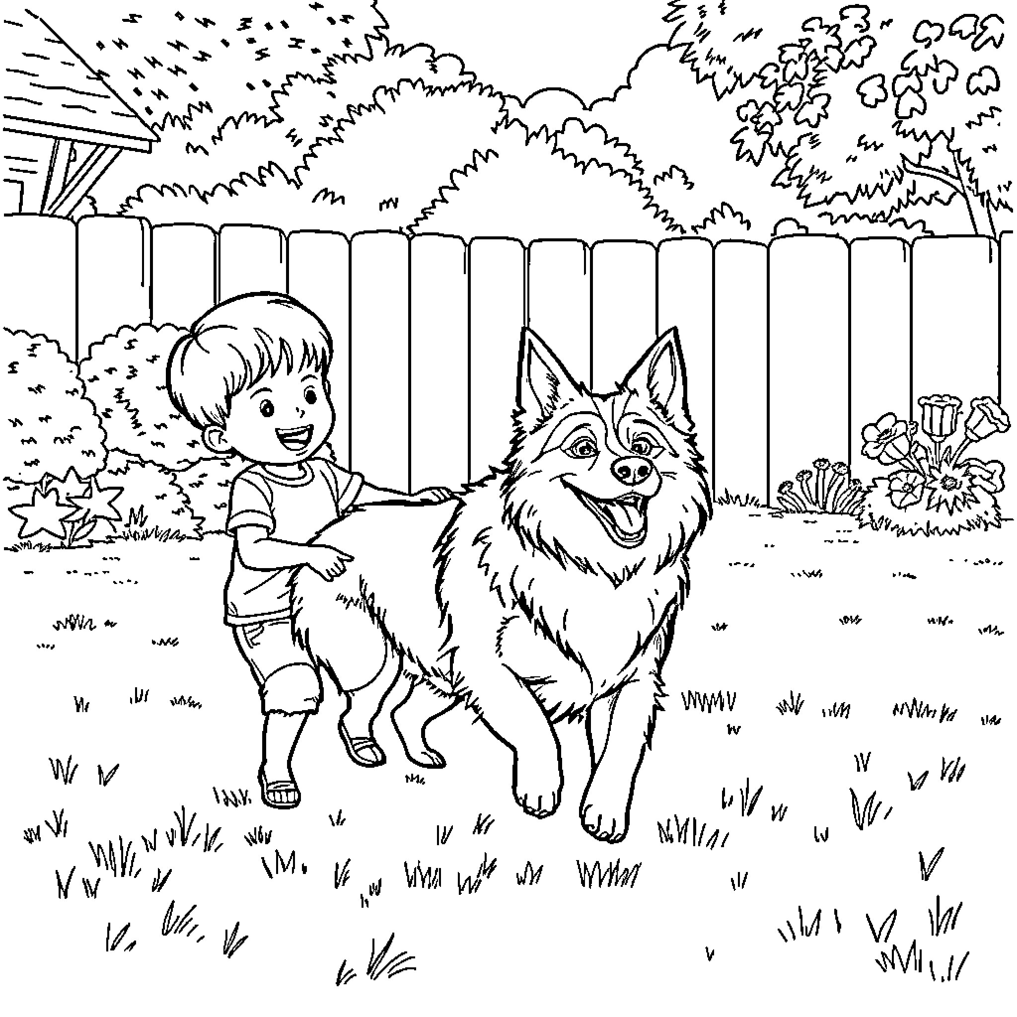 Dog playing with a happy child in a backyard Coloring Page (free black-and-white line drawing printable PDF for all, from beginners to advanced learners, including children, teens, adults, and seniors)