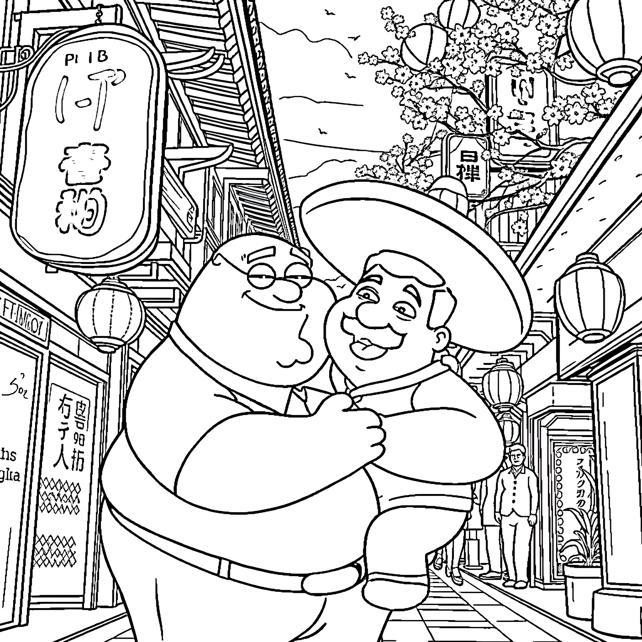 Peter Griffin's Festive Adventure in the Lively Town Coloring Page (free black-and-white line drawing printable PDF for all, from beginners to advanced learners, including children, teens, adults, and seniors)