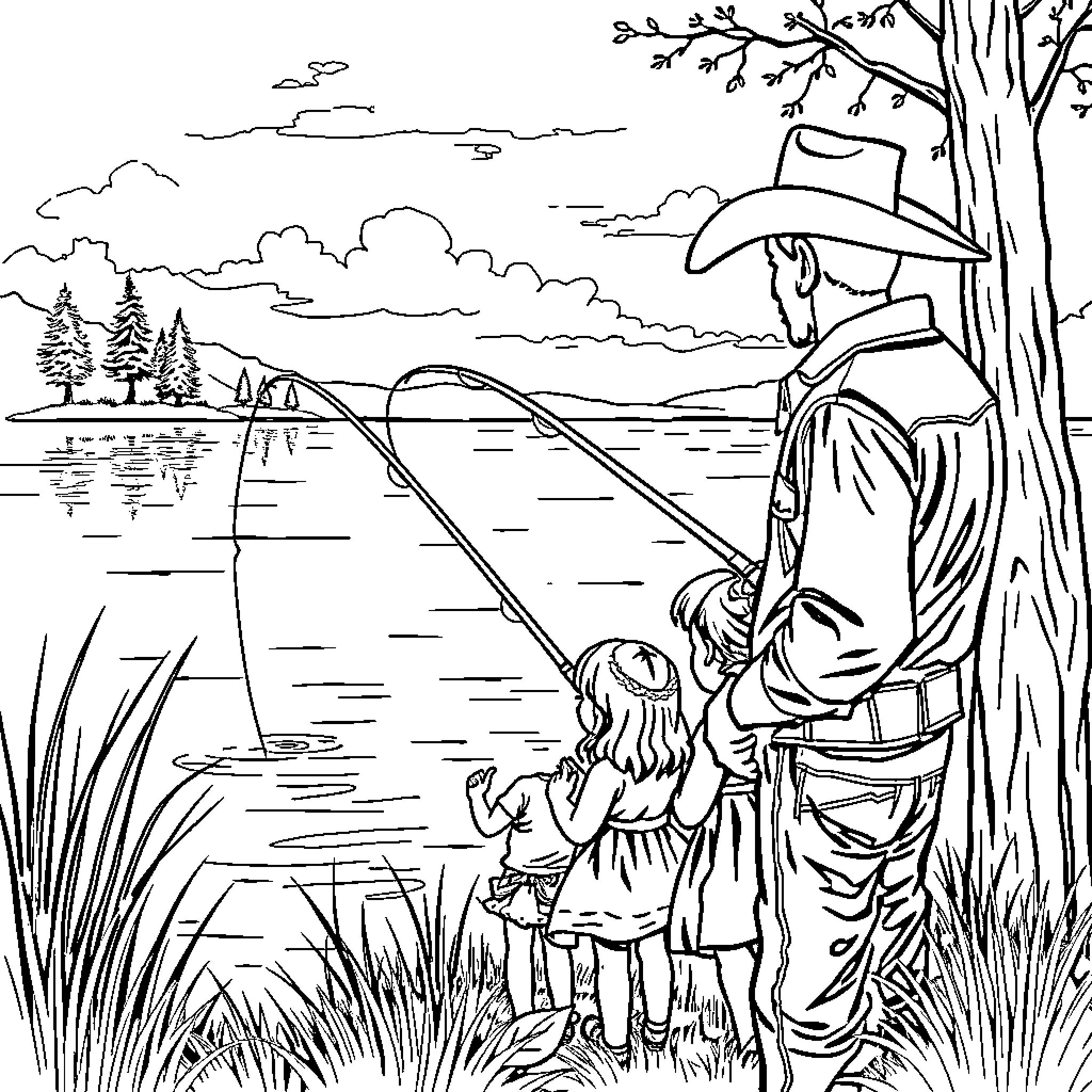 Cowboy fishing with child by the lakeside Coloring Page (free black-and-white line drawing printable PDF for all, from beginners to advanced learners, including children, teens, adults, and seniors)