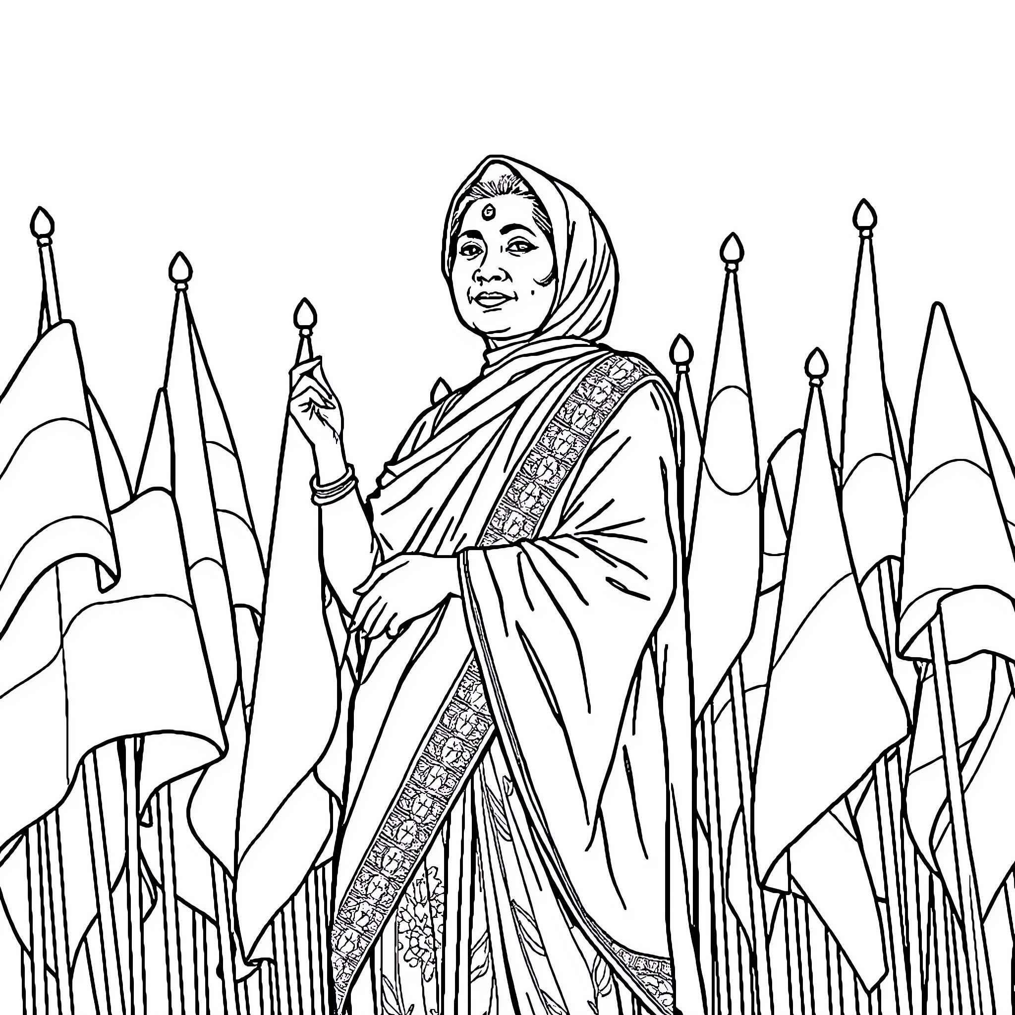 Kartini in traditional garb amidst stylized landscape Coloring Page (free black-and-white line drawing printable PDF for all, from beginners to advanced learners, including children, teens, adults, and seniors)