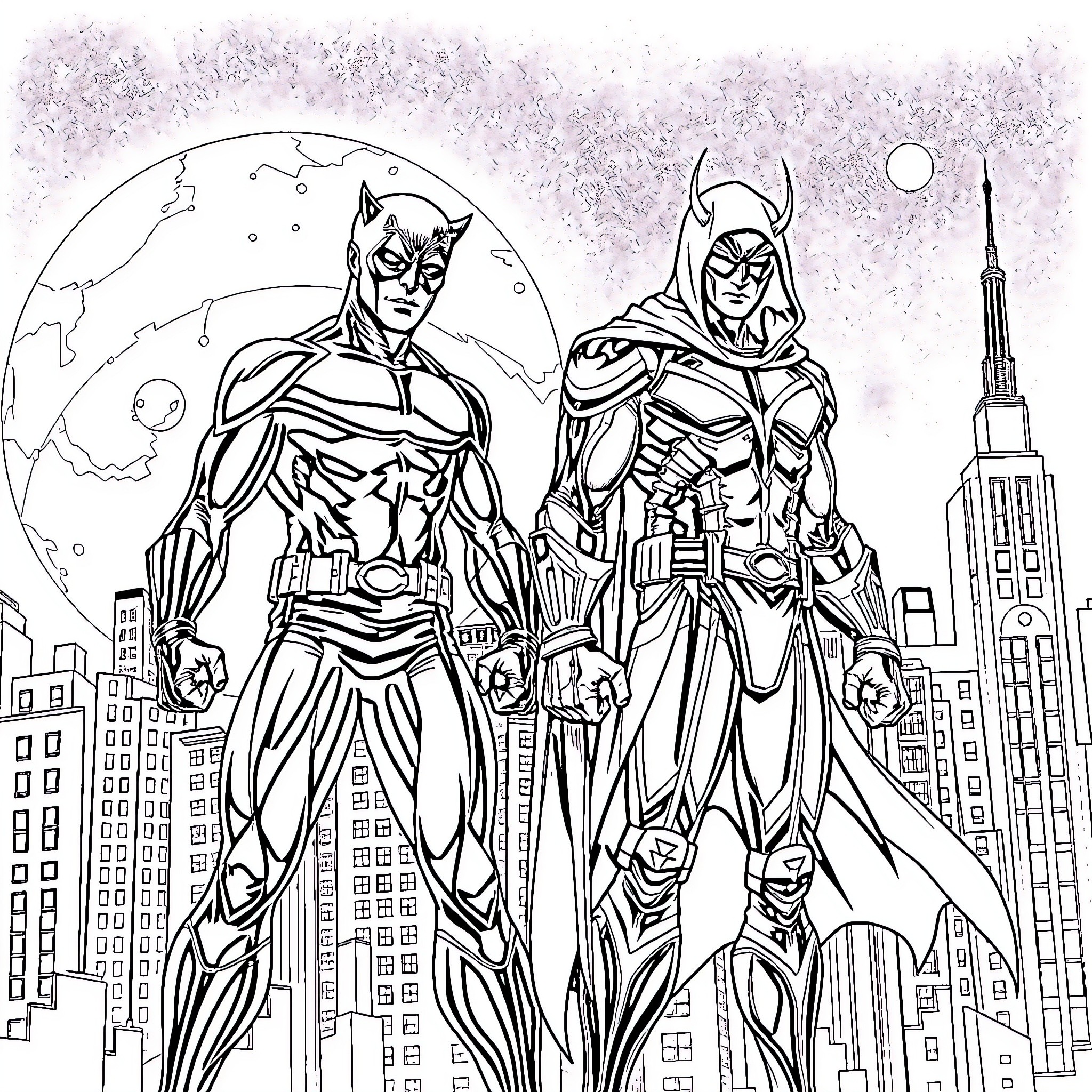 Daredevil superheroes in action over the city Coloring Page (free black-and-white line drawing printable PDF for all, from beginners to advanced learners, including children, teens, adults, and seniors)