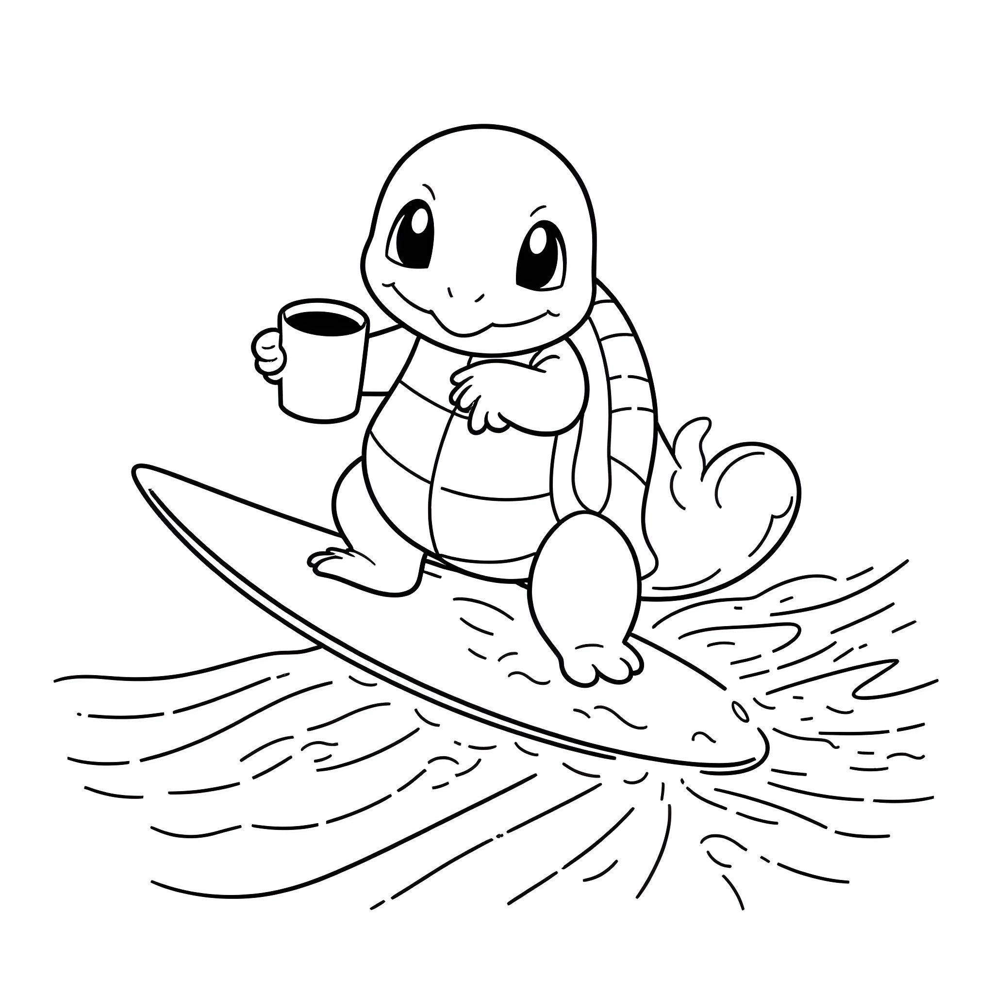 Squirtle surfing the waves with a mug Coloring Page (free black-and-white line drawing printable PDF for all, from beginners to advanced learners, including children, teens, adults, and seniors)