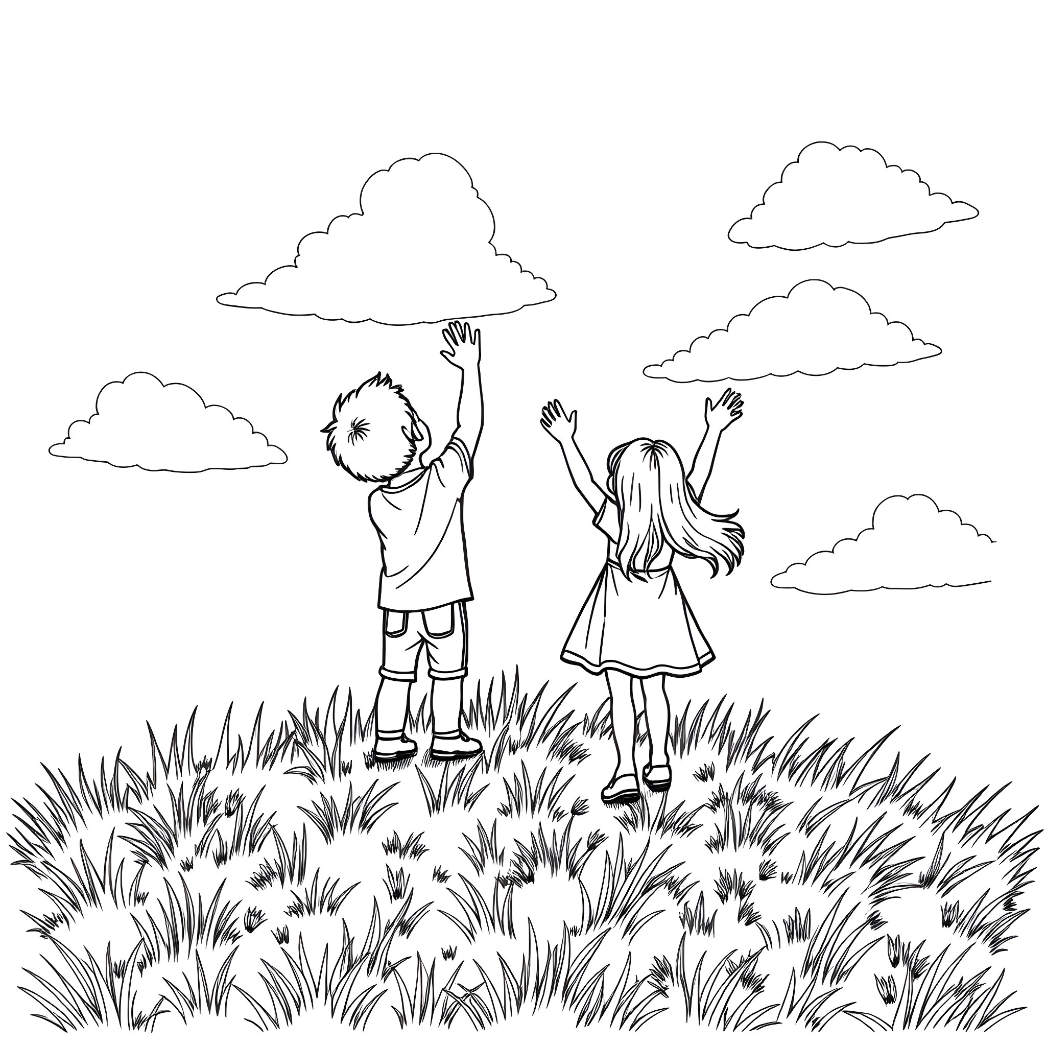 Sibling's carefree play in the field Coloring Page (free black-and-white line drawing printable PDF for all, from beginners to advanced learners, including children, teens, adults, and seniors)