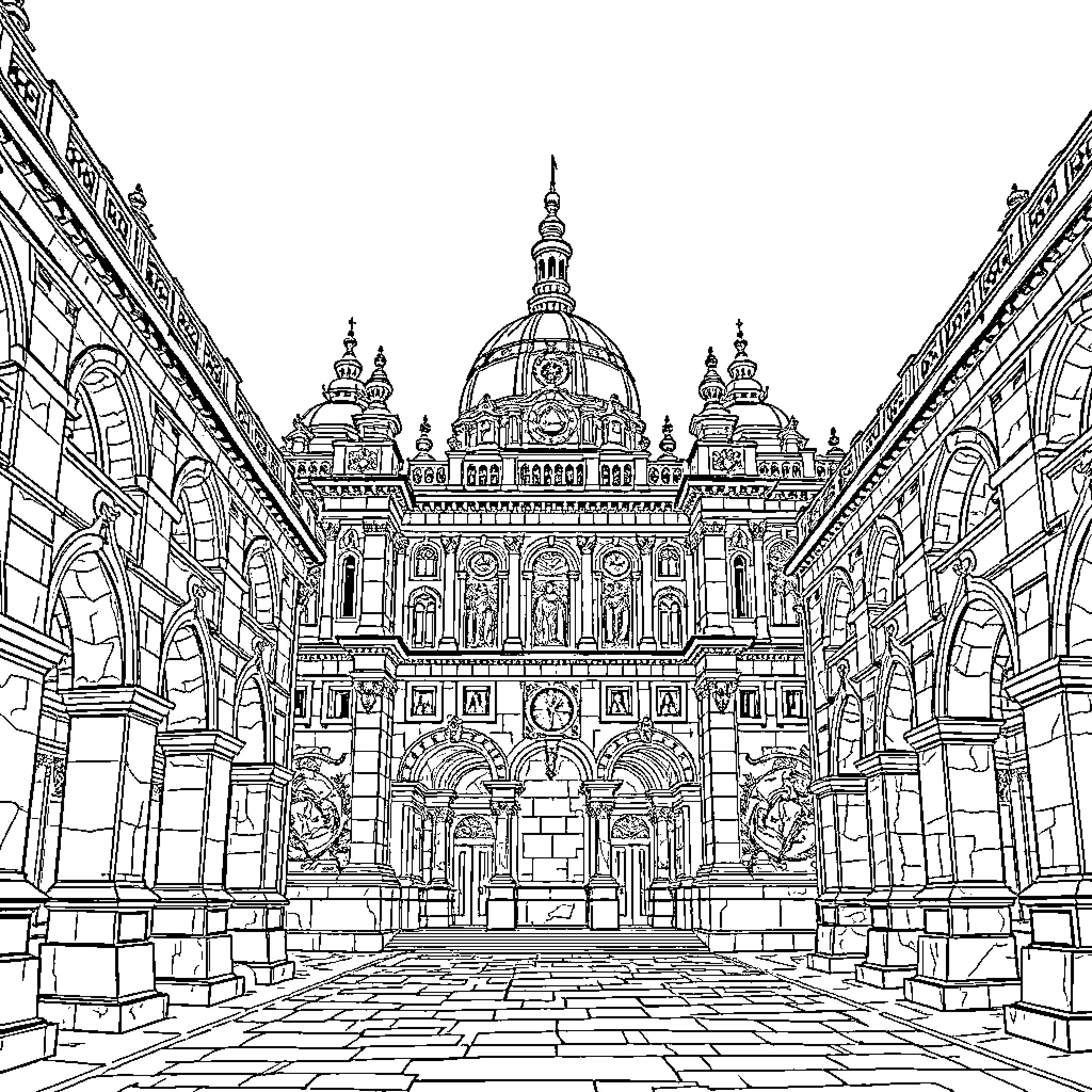 Sint Baroque-Inspired Architectural Wonder Coloring Page (free black-and-white line drawing printable PDF for all, from beginners to advanced learners, including children, teens, adults, and seniors)