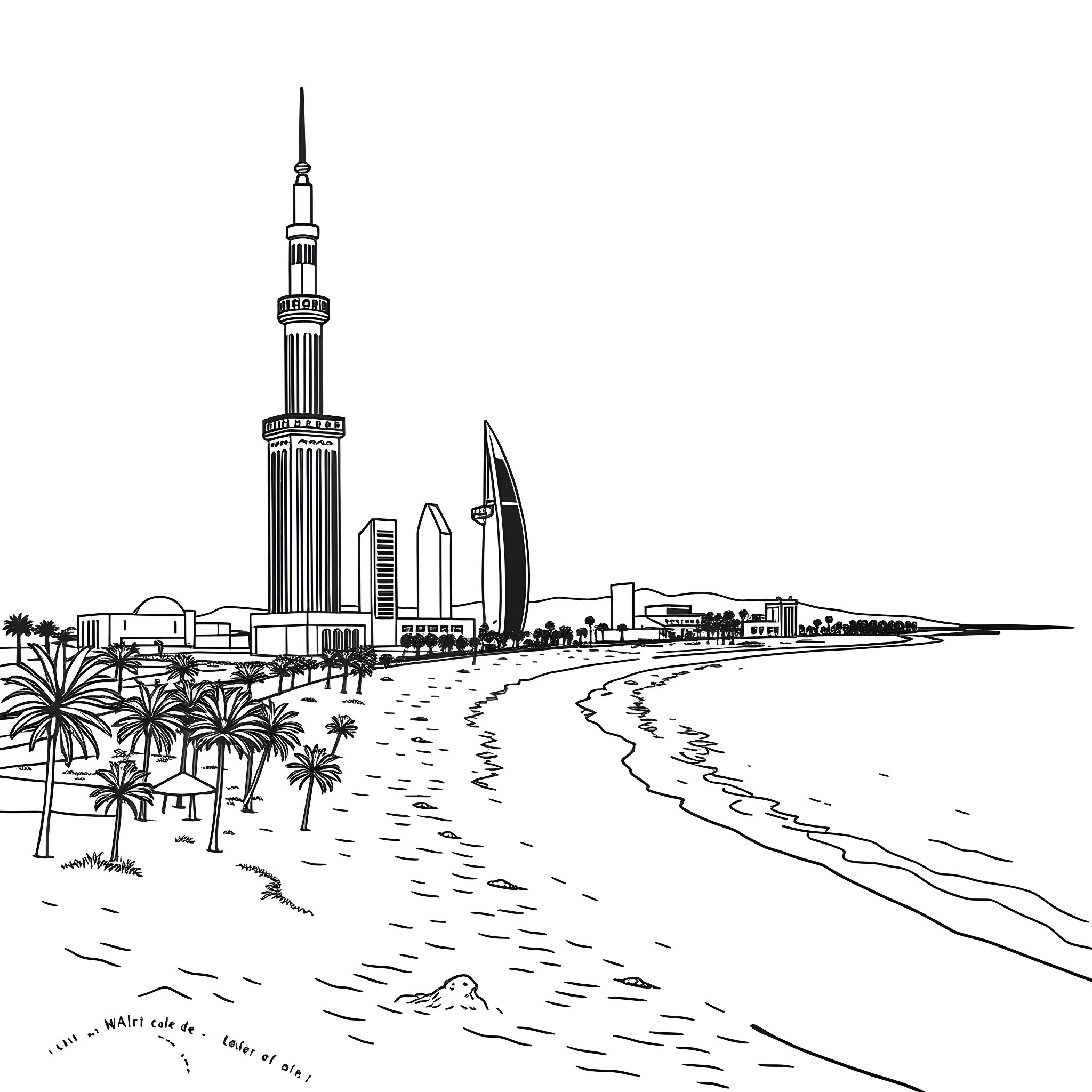 Kuwait skyline with palm trees and beach Coloring Page (free black-and-white line drawing printable PDF for all, from beginners to advanced learners, including children, teens, adults, and seniors)