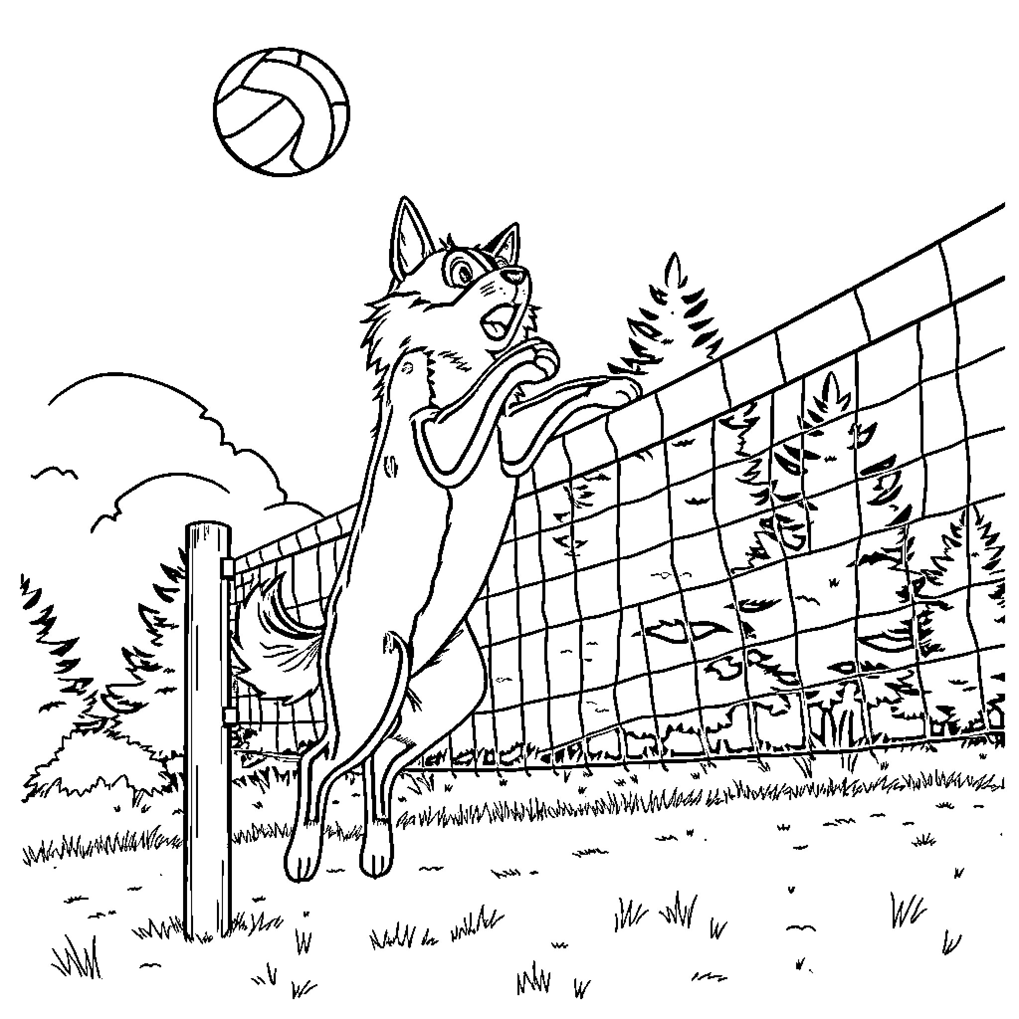 Huntrix Plays Volleyball in the Wilderness Coloring Page (free black-and-white line drawing printable PDF for all, from beginners to advanced learners, including children, teens, adults, and seniors)