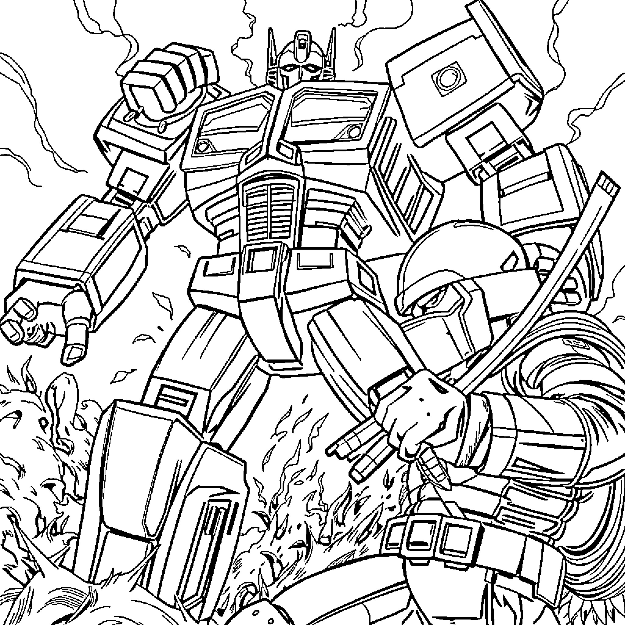 Megatron's Intense Robotic Combat Coloring Page (free black-and-white line drawing printable PDF for all, from beginners to advanced learners, including children, teens, adults, and seniors)