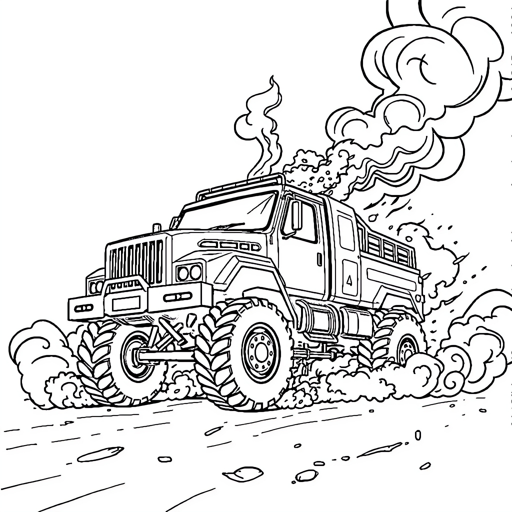 Cyber Truck in Rugged Terrain Adventure Coloring Page (free black-and-white line drawing printable PDF for all, from beginners to advanced learners, including children, teens, adults, and seniors)