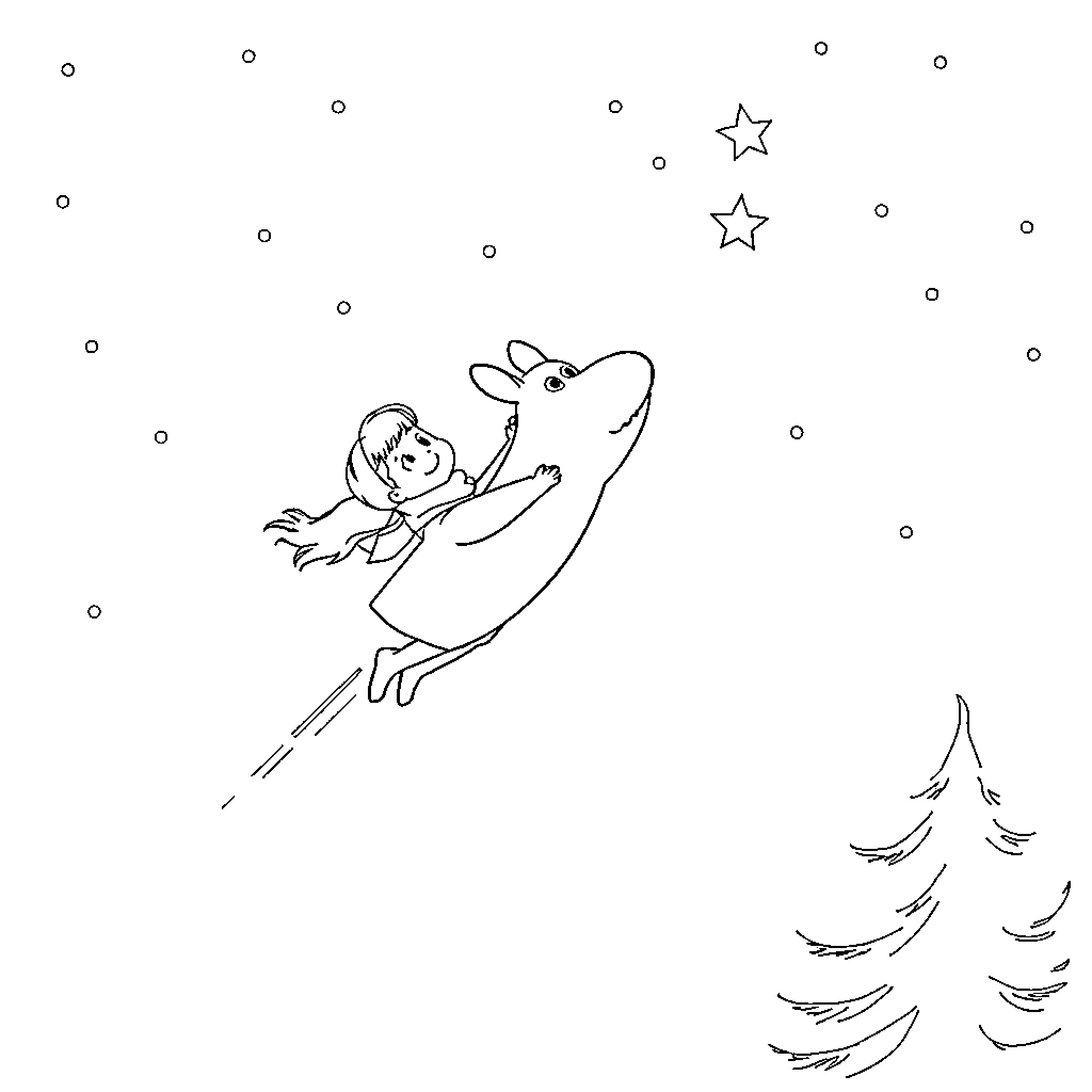 Pippi soaring through the starry night sky Coloring Page (free black-and-white line drawing printable PDF for all, from beginners to advanced learners, including children, teens, adults, and seniors)