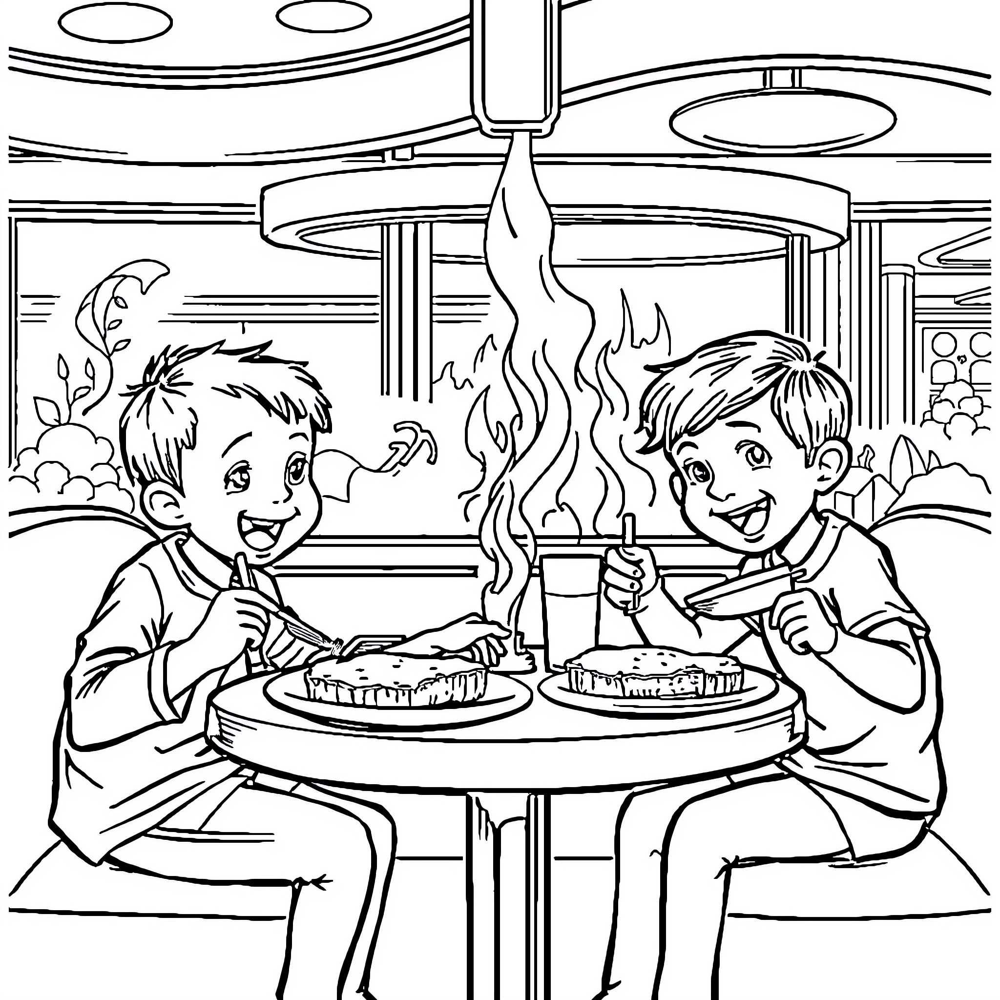Kid friends enjoying tasty meal in futuristic cafe Coloring Page (free black-and-white line drawing printable PDF for all, from beginners to advanced learners, including children, teens, adults, and seniors)