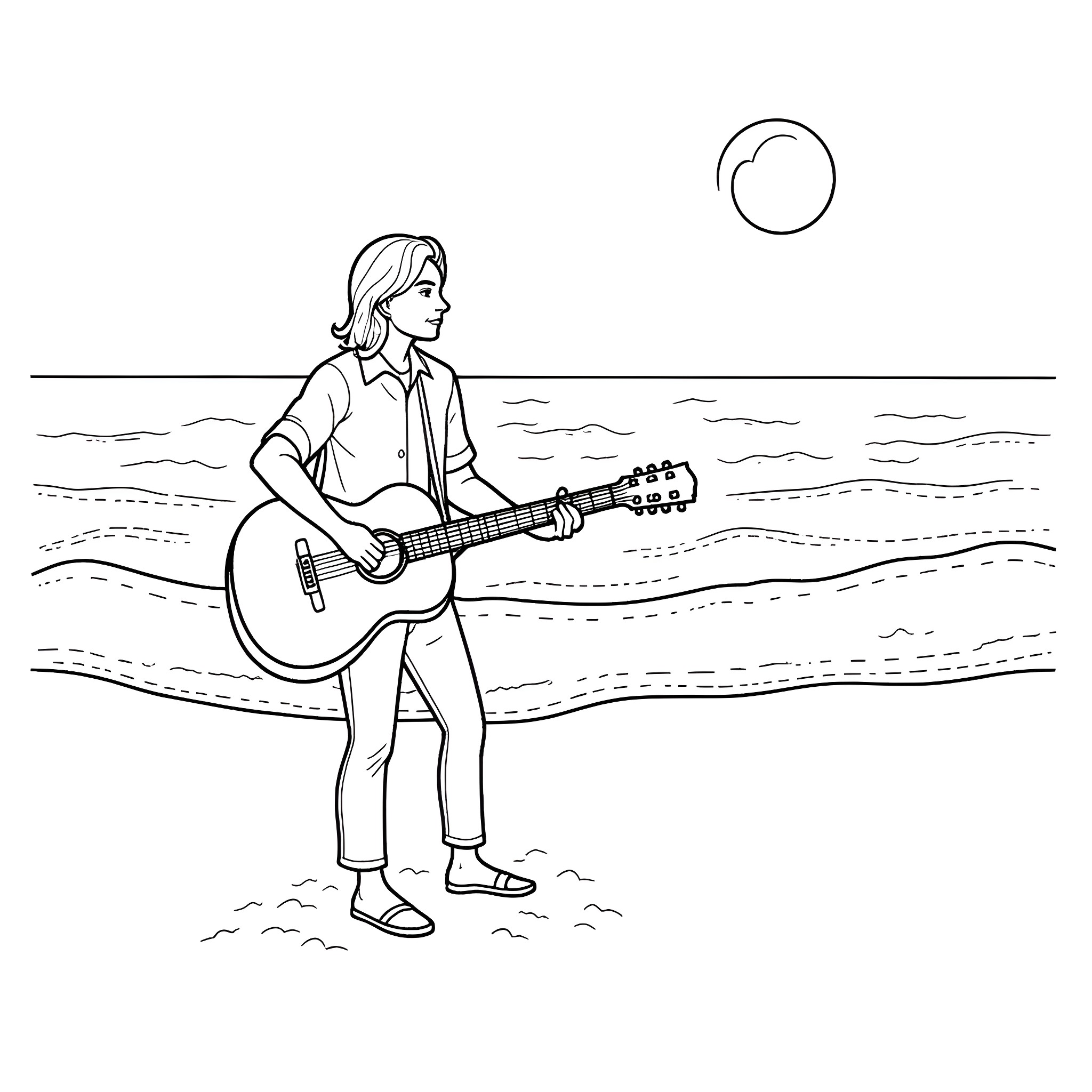 Teacher playing guitar on the beach Coloring Page (free black-and-white line drawing printable PDF for all, from beginners to advanced learners, including children, teens, adults, and seniors)