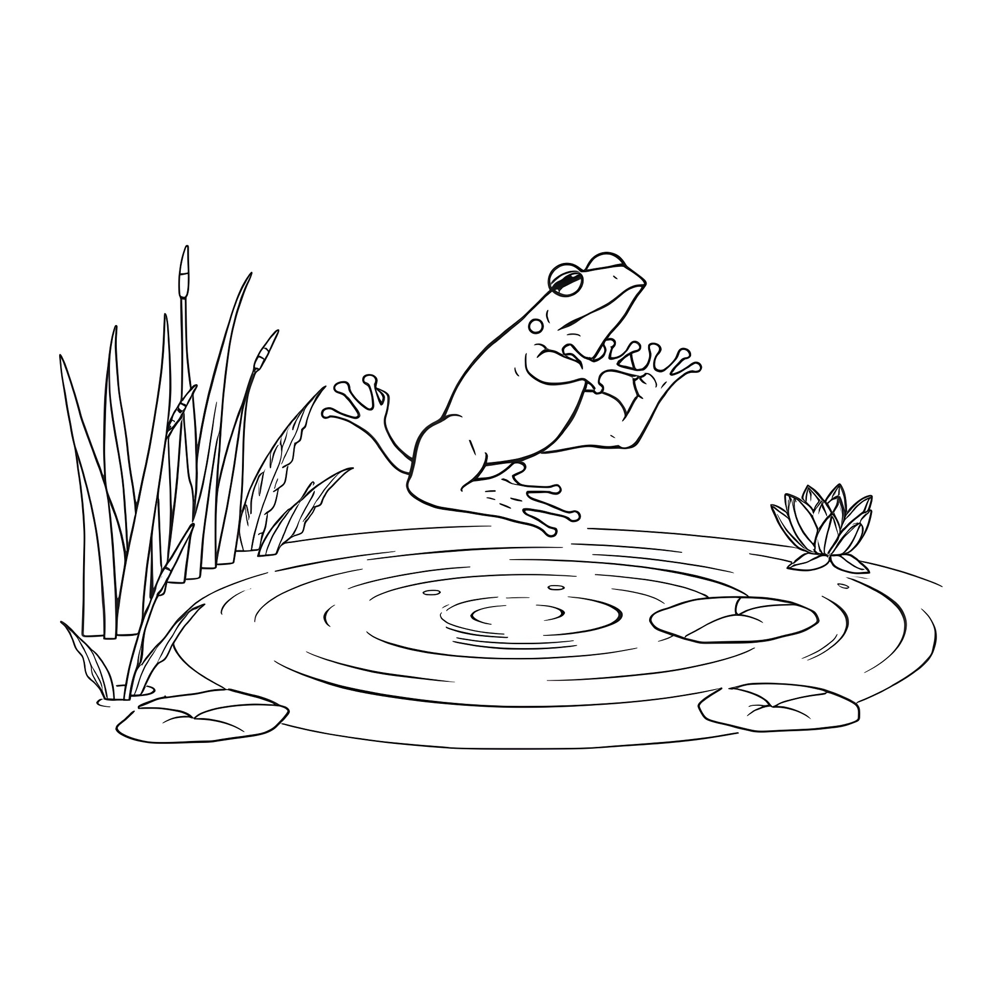Frog jumping in a pond with lily pads Coloring Page (free black-and-white line drawing printable PDF for all, from beginners to advanced learners, including children, teens, adults, and seniors)