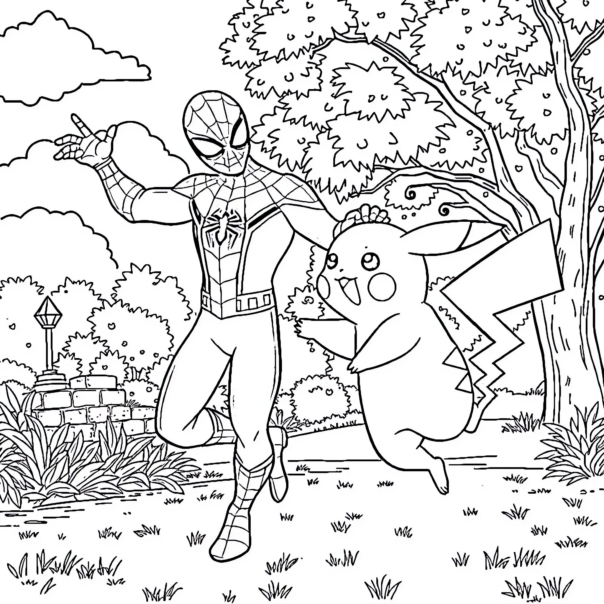 Spiderman saves Pikachu in the forest Coloring Page (free black-and-white line drawing printable PDF for all, from beginners to advanced learners, including children, teens, adults, and seniors)