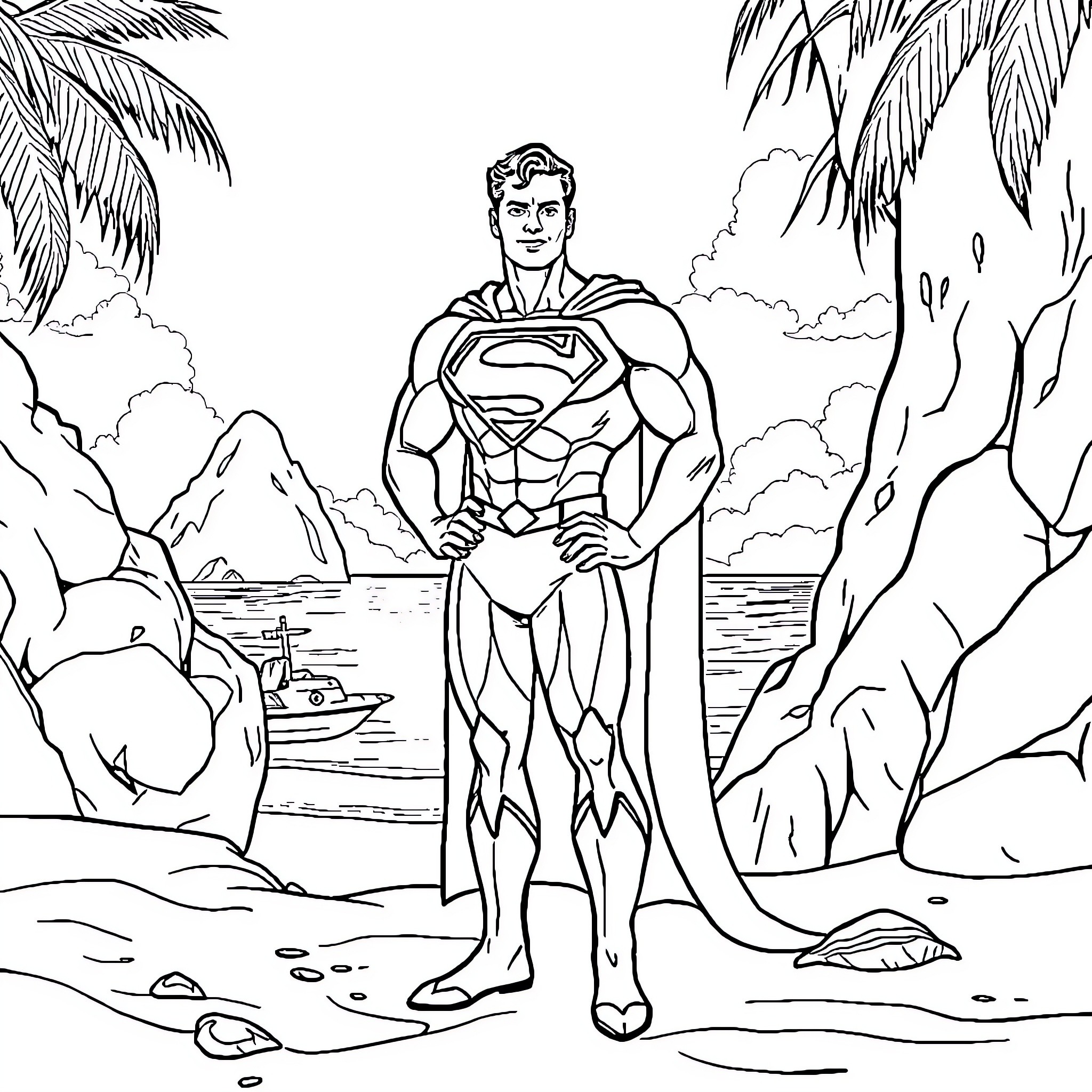 Superman standing heroically on tropical beach Coloring Page (free black-and-white line drawing printable PDF for all, from beginners to advanced learners, including children, teens, adults, and seniors)