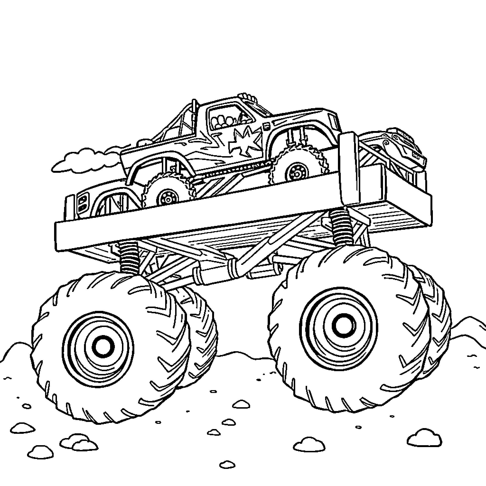 Monster Truck Performing Stunts in the Outdoors Coloring Page (free black-and-white line drawing printable PDF for all, from beginners to advanced learners, including children, teens, adults, and seniors)
