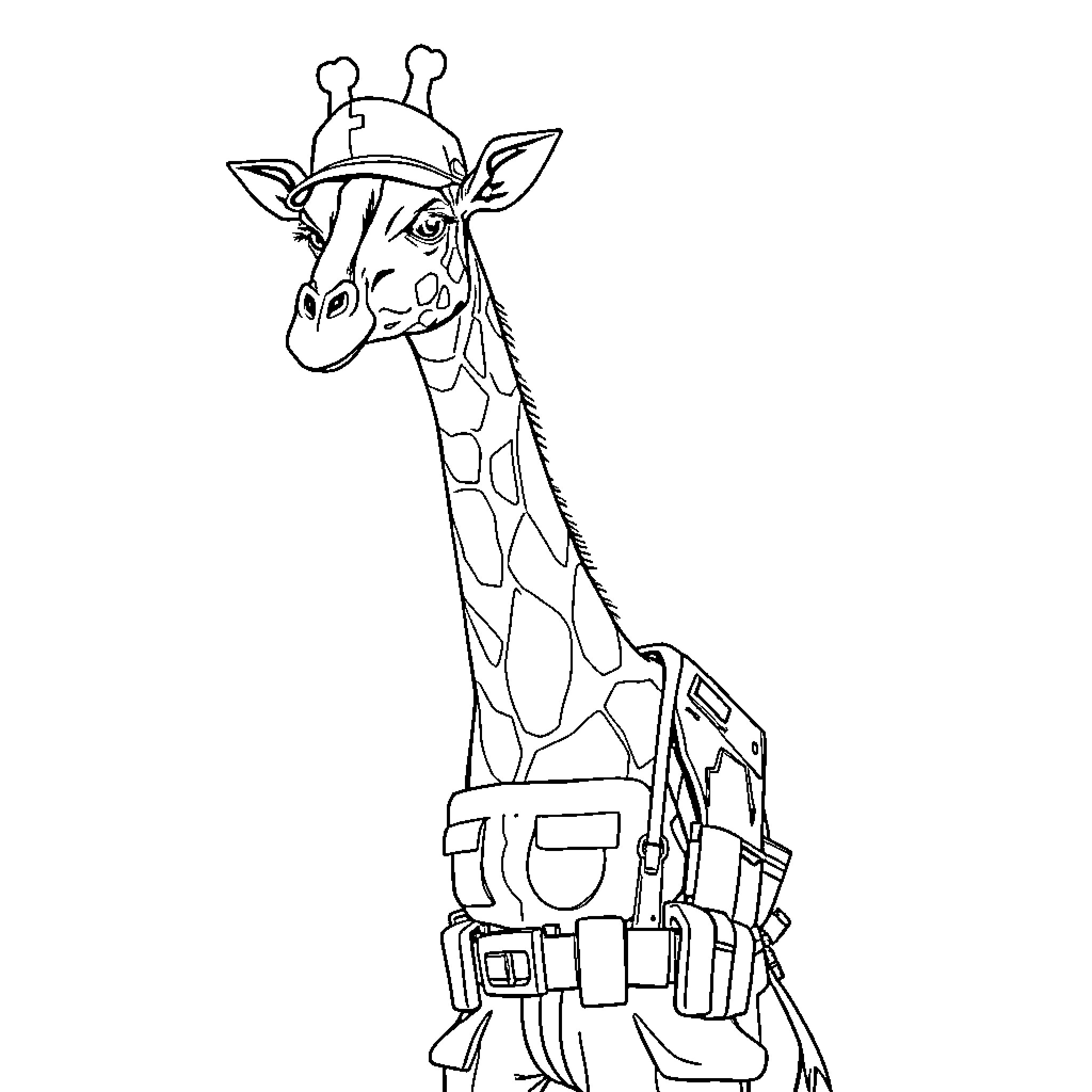 Giraffe with curious expression and backpack Coloring Page (free black-and-white line drawing printable PDF for all, from beginners to advanced learners, including children, teens, adults, and seniors)
