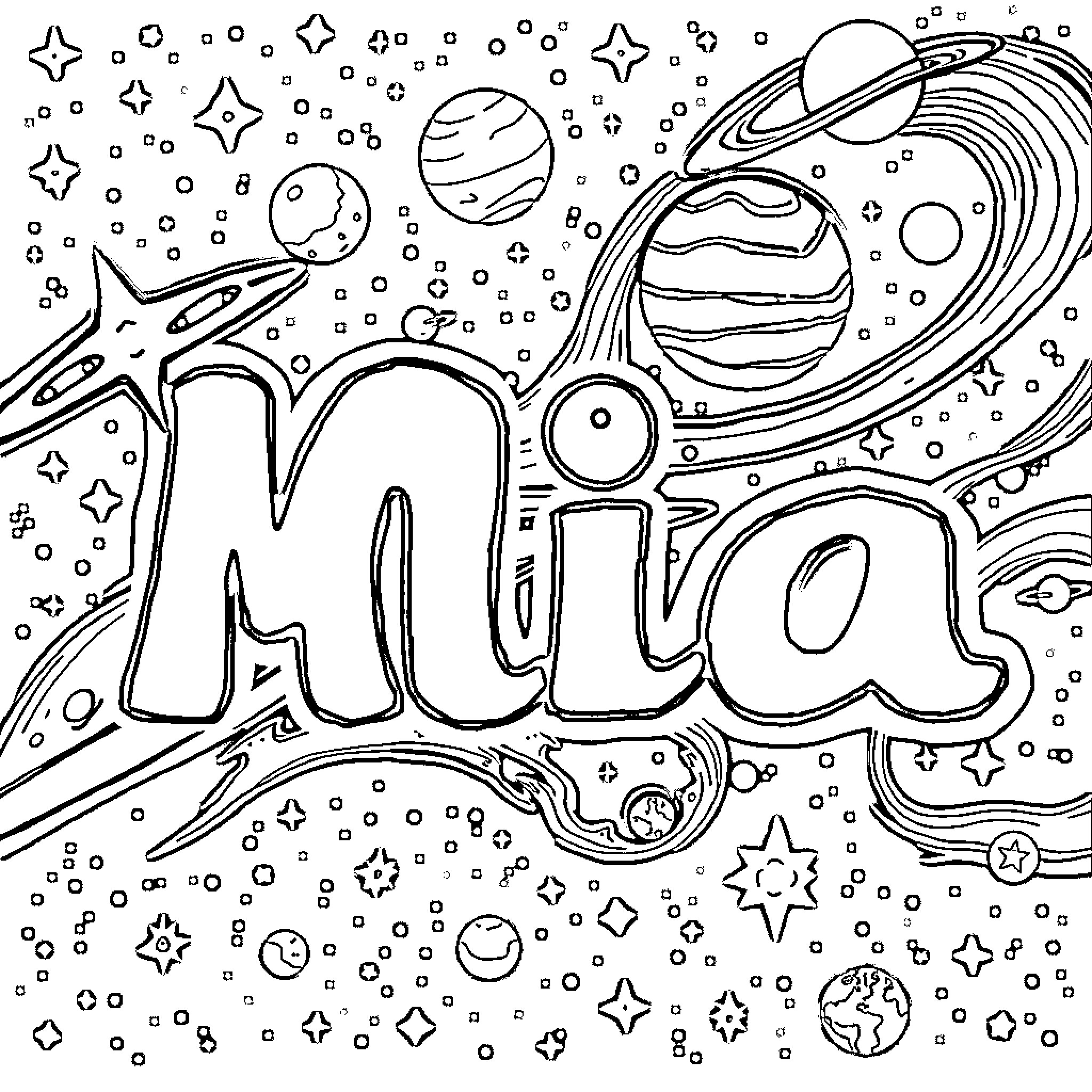 Mia's Cosmic Adventure Coloring Page (free black-and-white line drawing printable PDF for all, from beginners to advanced learners, including children, teens, adults, and seniors)