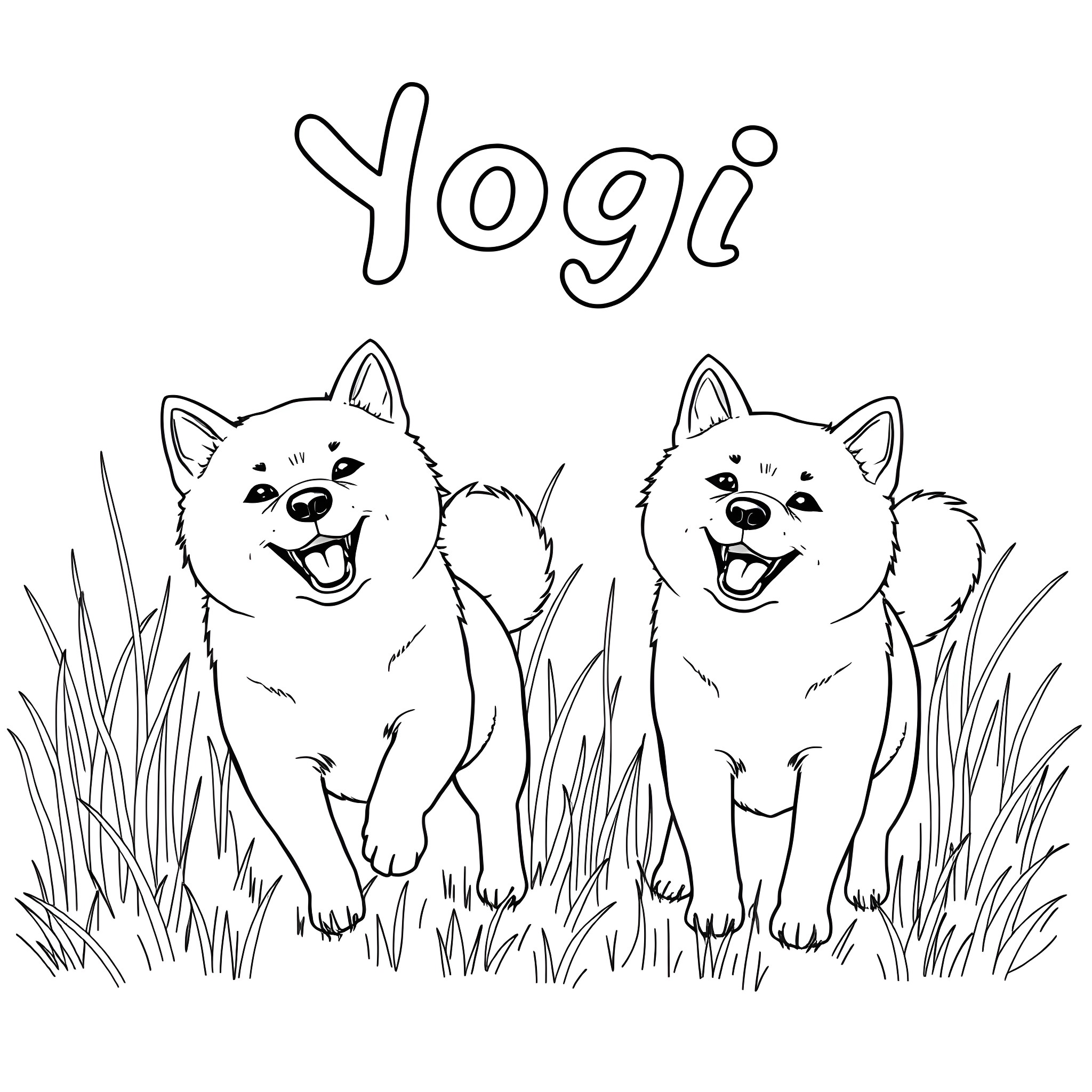 Shiba Inu dogs playing happily in the grass Coloring Page (free black-and-white line drawing printable PDF for all, from beginners to advanced learners, including children, teens, adults, and seniors)