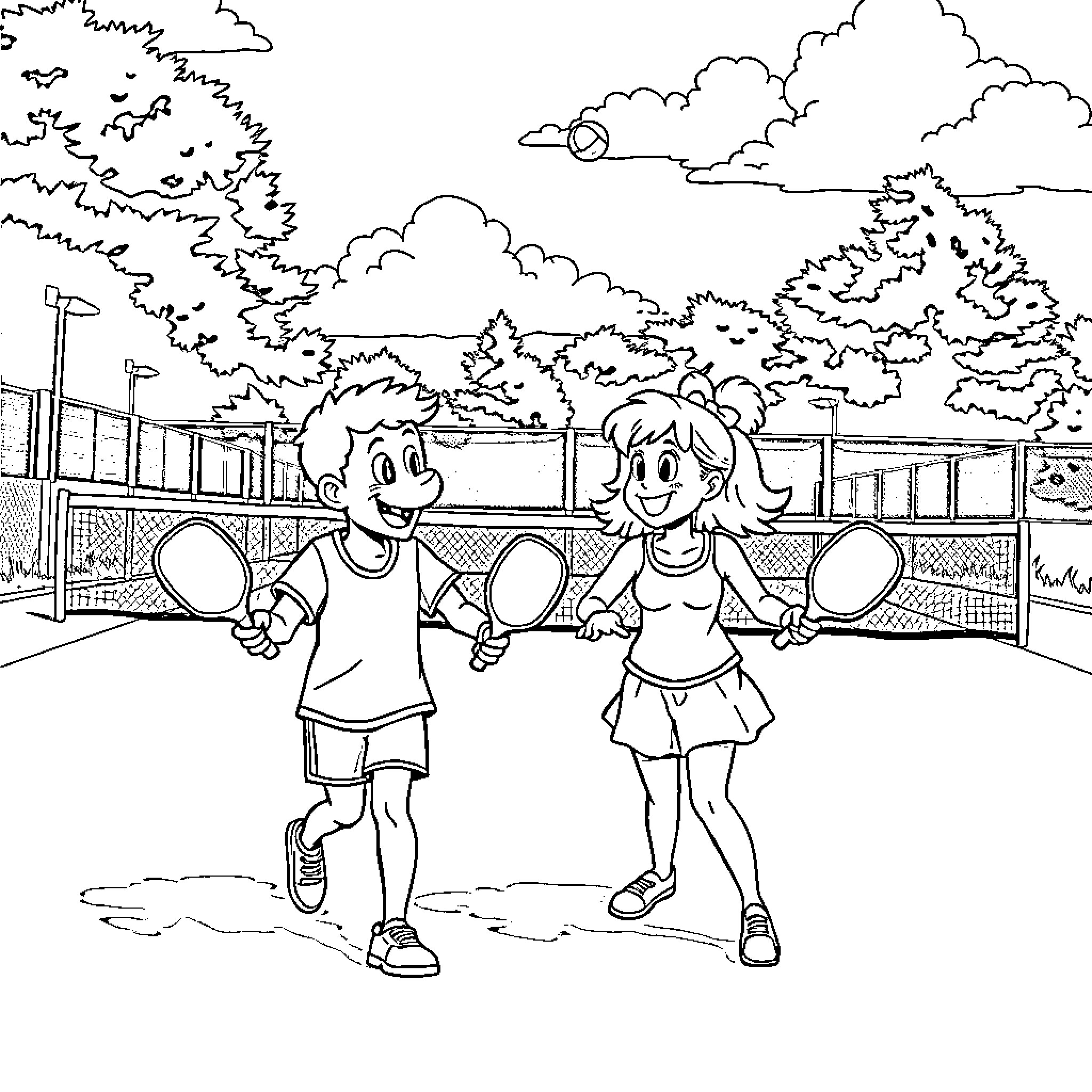 Bluey characters playing tennis together on a sunny day Coloring Page (free black-and-white line drawing printable PDF for all, from beginners to advanced learners, including children, teens, adults, and seniors)