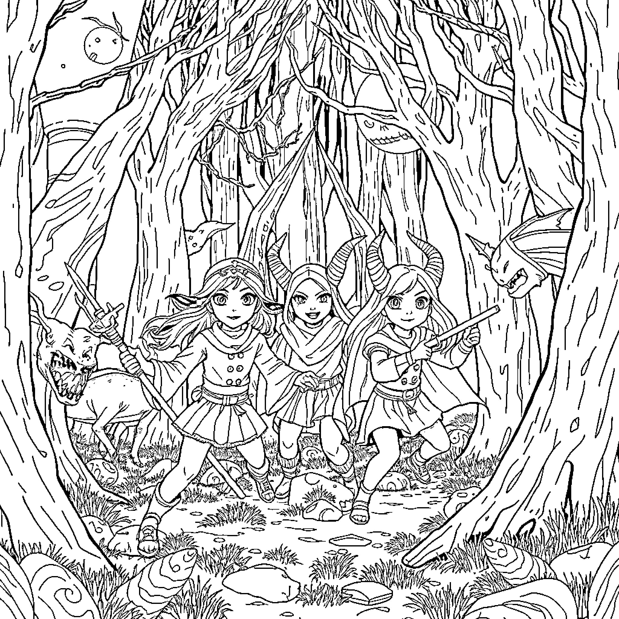 Rumi's Magical Forest Adventure Coloring Page (free black-and-white line drawing printable PDF for all, from beginners to advanced learners, including children, teens, adults, and seniors)