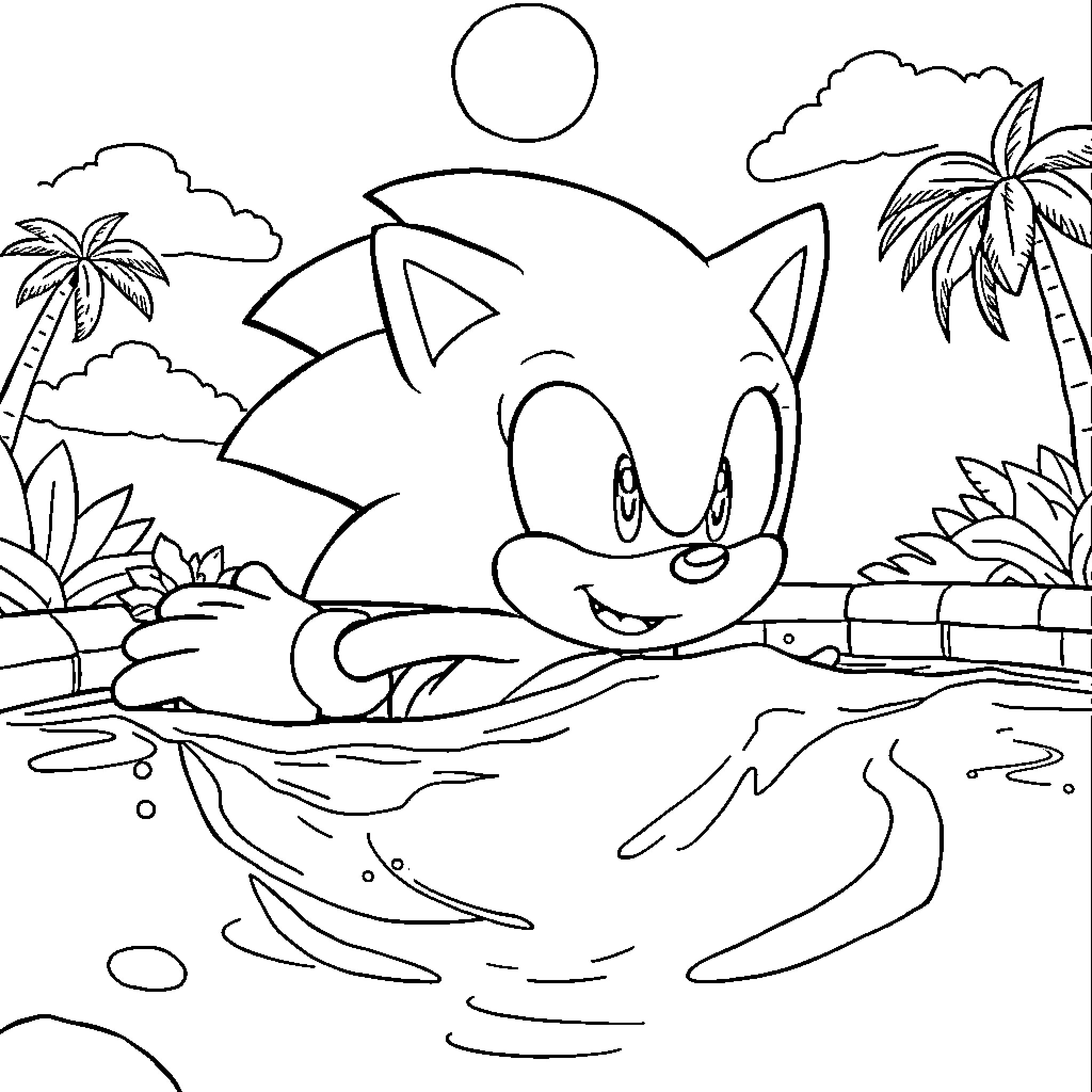 Sonic enjoying a relaxing day in tropical paradise Coloring Page (free black-and-white line drawing printable PDF for all, from beginners to advanced learners, including children, teens, adults, and seniors)