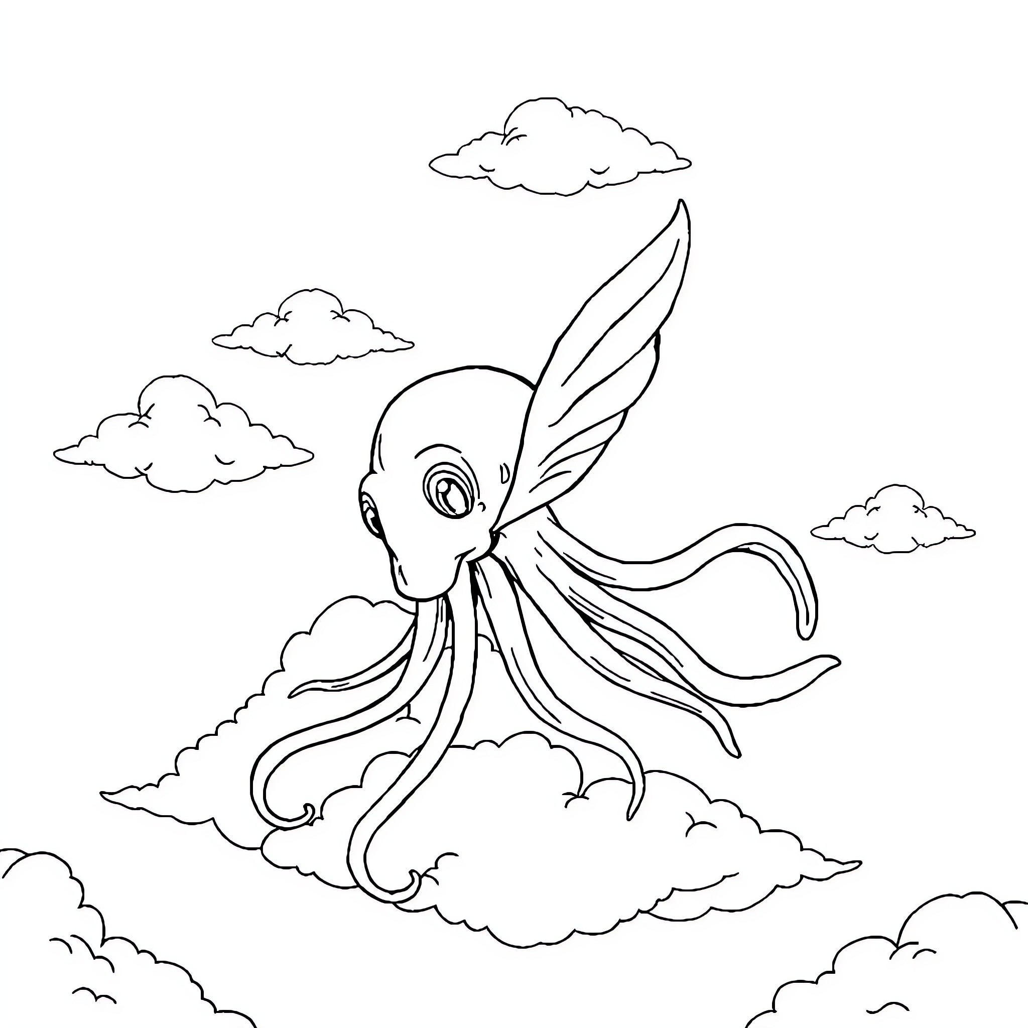 Squid soaring through the clouds Coloring Page (free black-and-white line drawing printable PDF for all, from beginners to advanced learners, including children, teens, adults, and seniors)