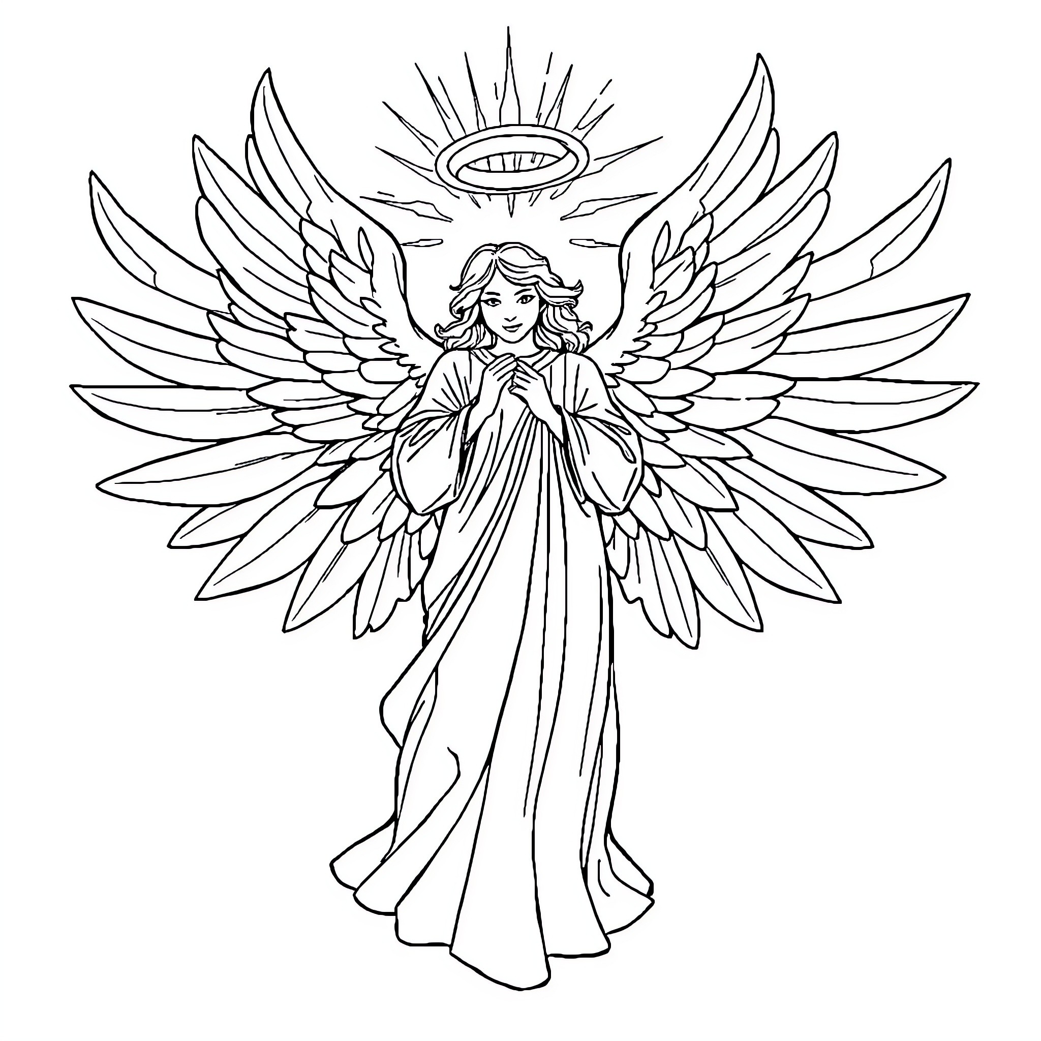 Angel of Mercy with Outstretched Wings Coloring Page (free black-and-white line drawing printable PDF for all, from beginners to advanced learners, including children, teens, adults, and seniors)